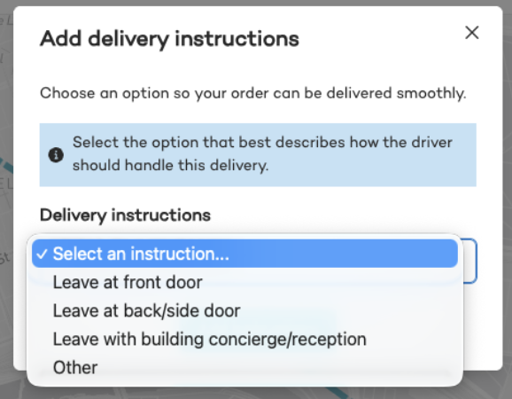 Add delivery instructions modal with a dropdown of delivery instruction options