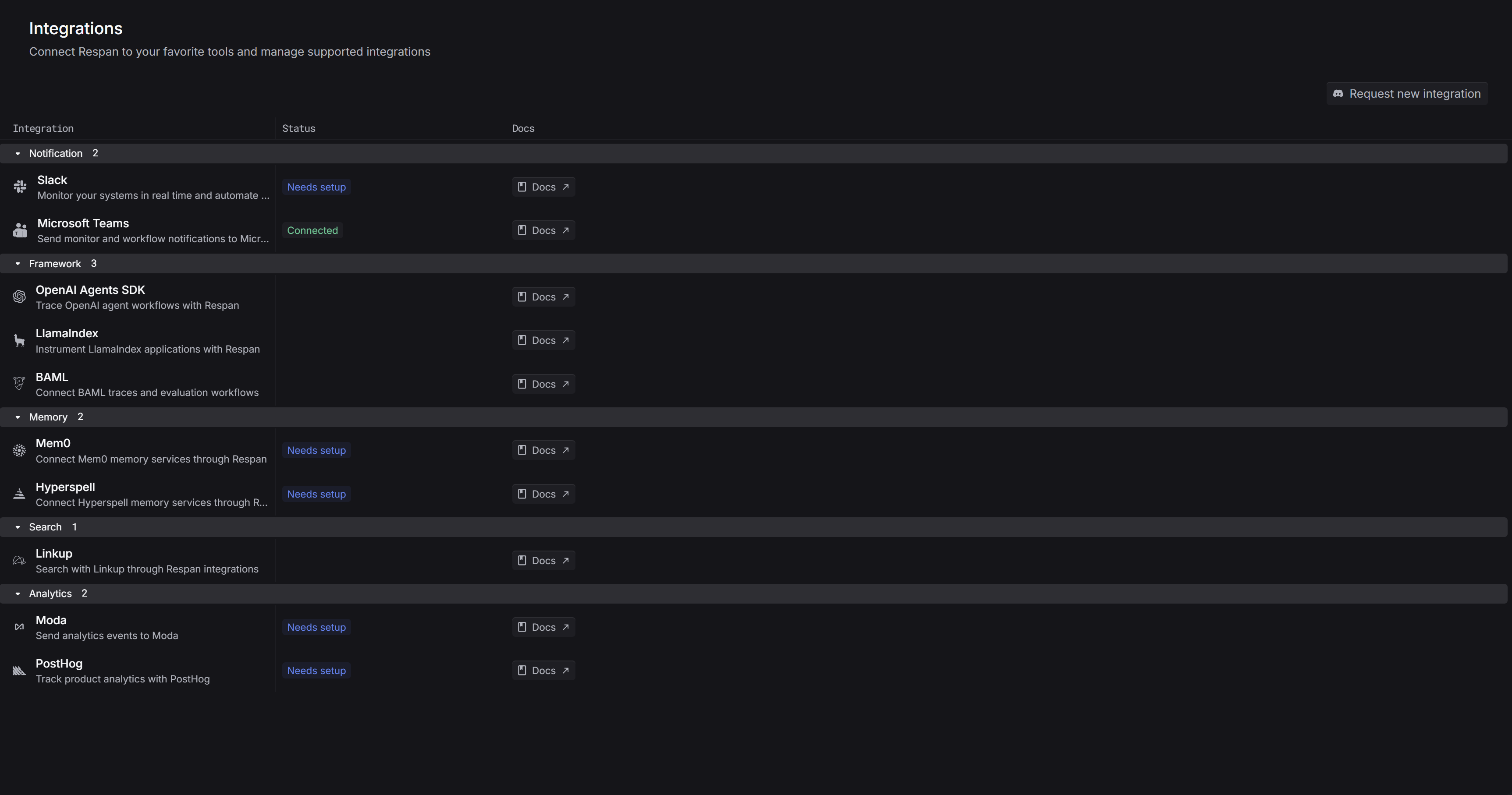 Microsoft Teams row on the Respan Integrations page