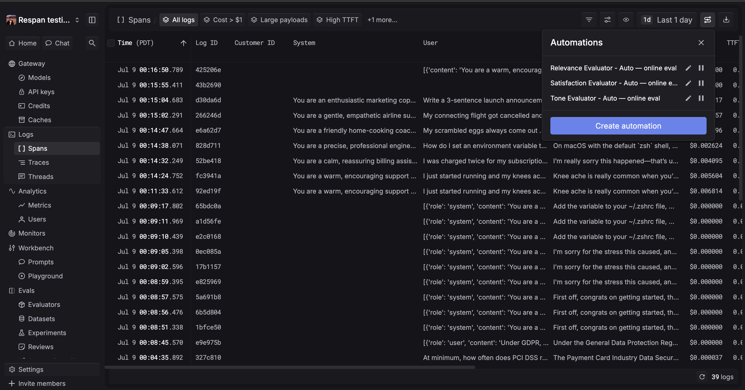 Automations panel open on the Spans page