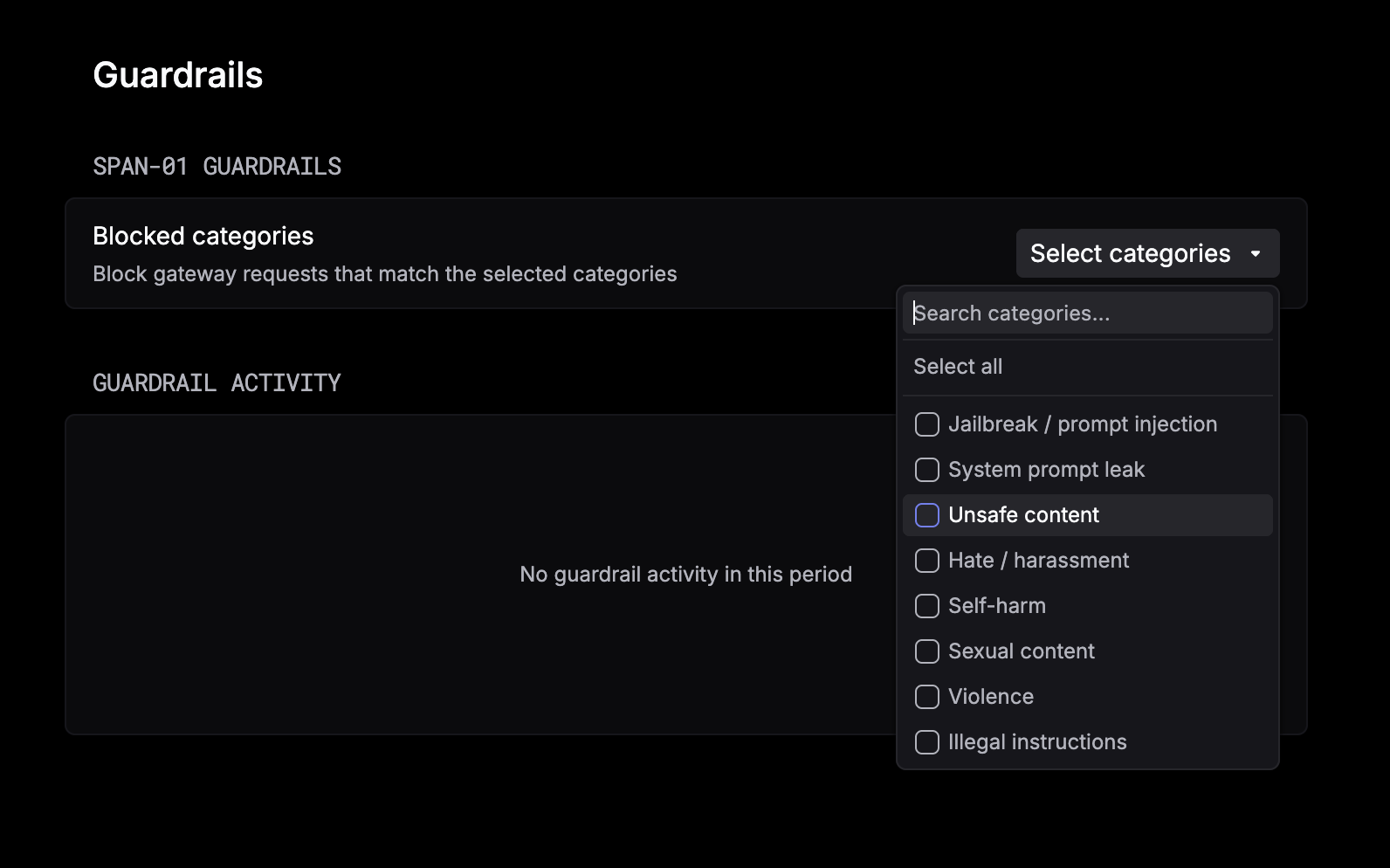 Guardrails page in the Respan platform. Under Span-01 Guardrails, the Blocked categories menu lists Jailbreak / prompt injection, System prompt leak, Unsafe content, Hate / harassment, Self-harm, Sexual content, Violence, and Illegal instructions. Guardrail activity is shown below.