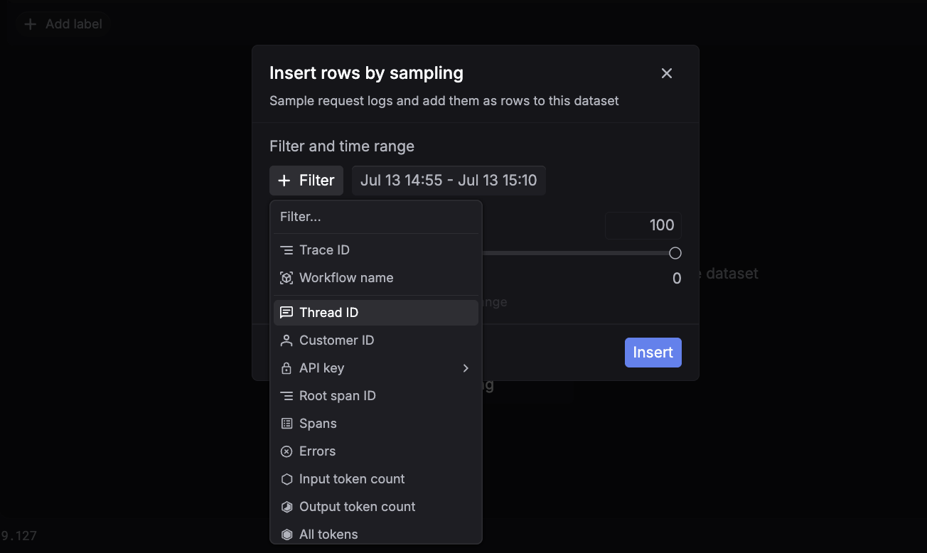 Insert rows by sampling modal with the filter menu open