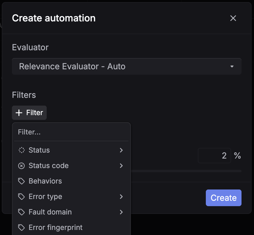 Filter field dropdown in the create automation dialog