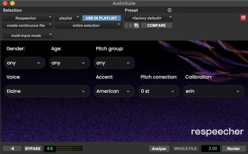 Voice selection box in the plugin with Gender, Age, and Pitch group filters