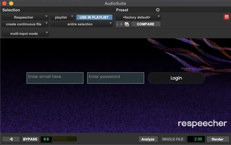 Respeecher plugin login screen prompting for Voice Marketplace username and password