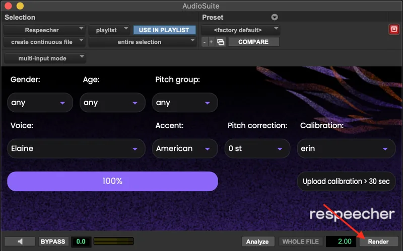 The plugin’s Render button used to process the conversion in place