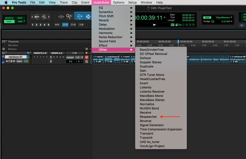 AudioSuite plugin menu with the Respeecher plugin listed under the Other category