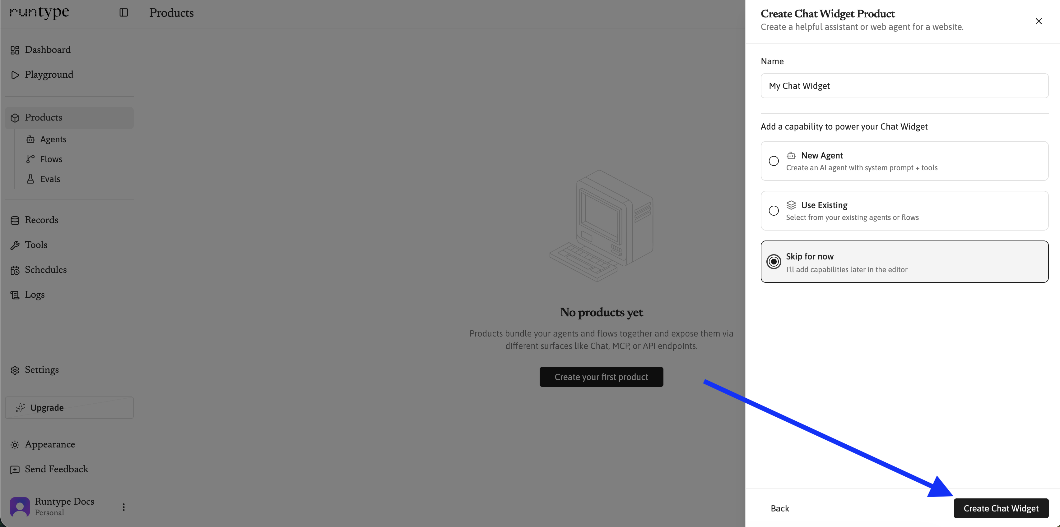 Chat Widget product setup panel with Skip for now selected.