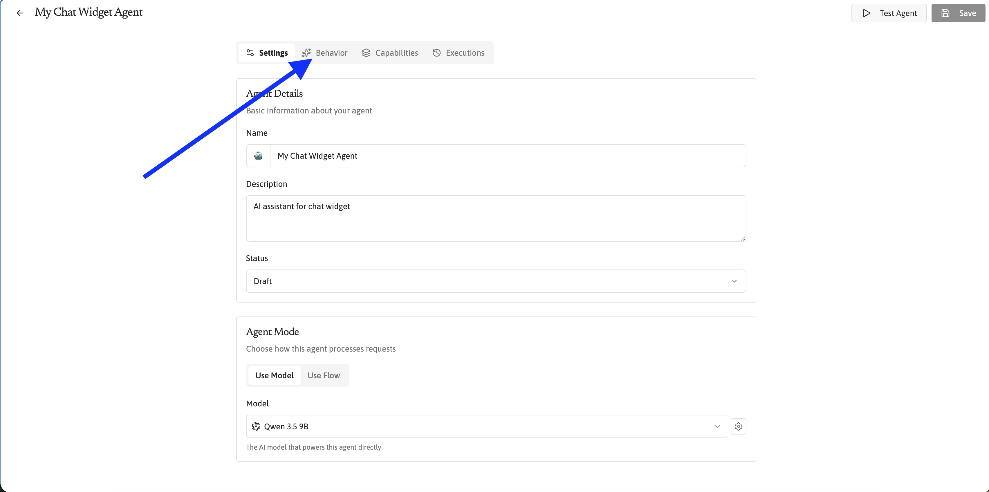 Agent settings page with the Settings tab selected.