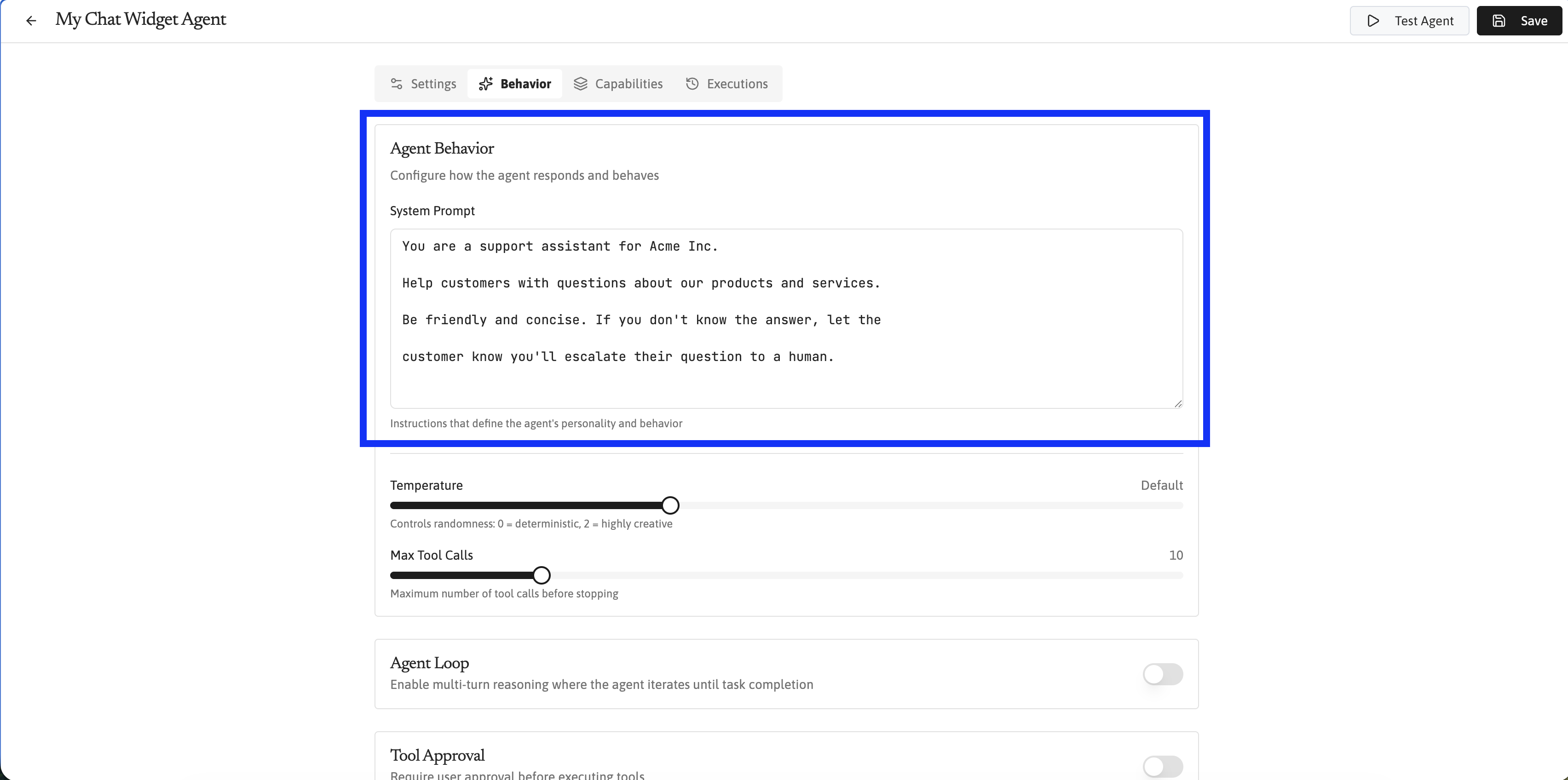 Agent Behavior page with the system prompt highlighted.
