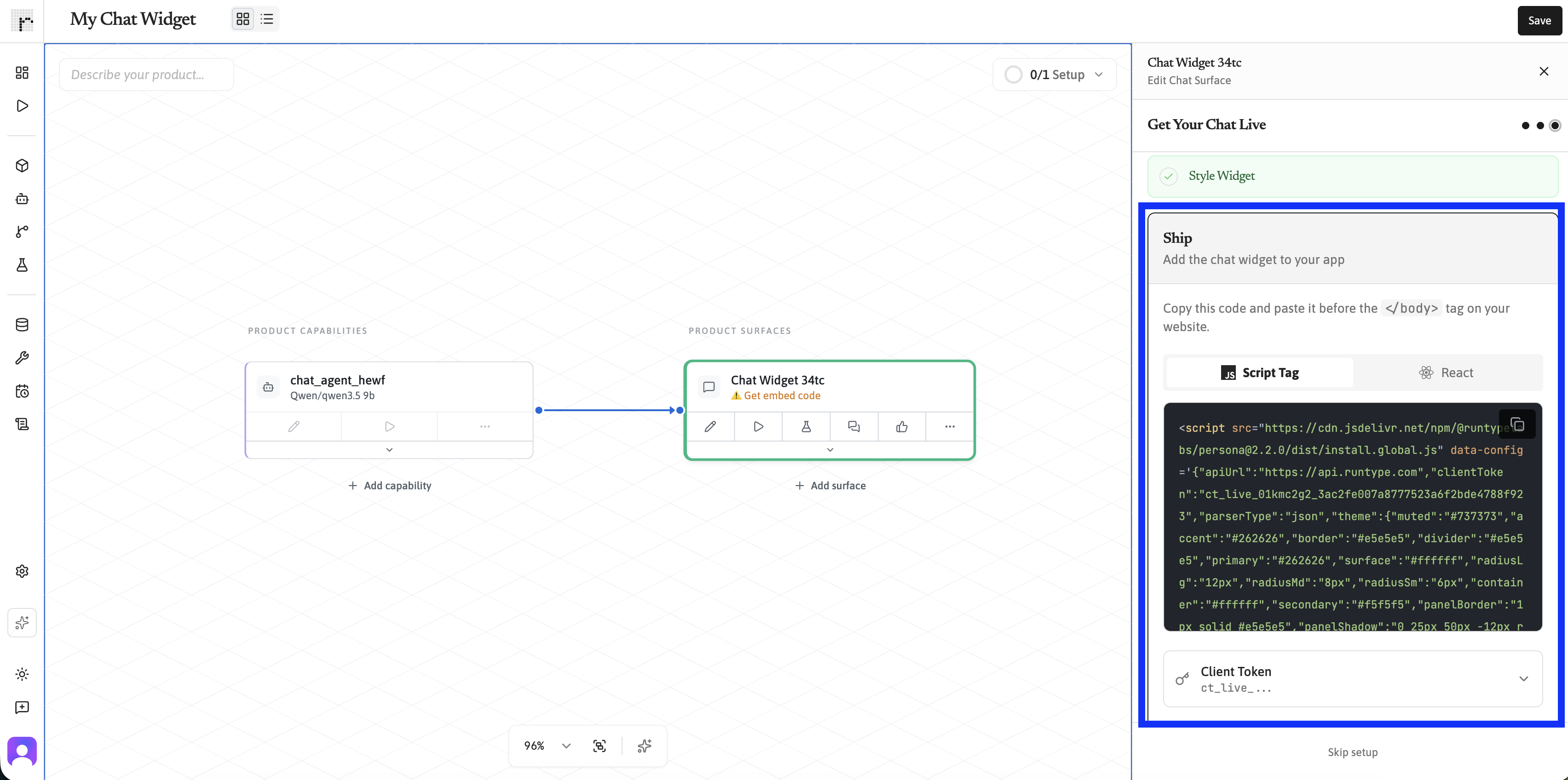 Ship step showing the Script Tag embed code and Client Token selector.