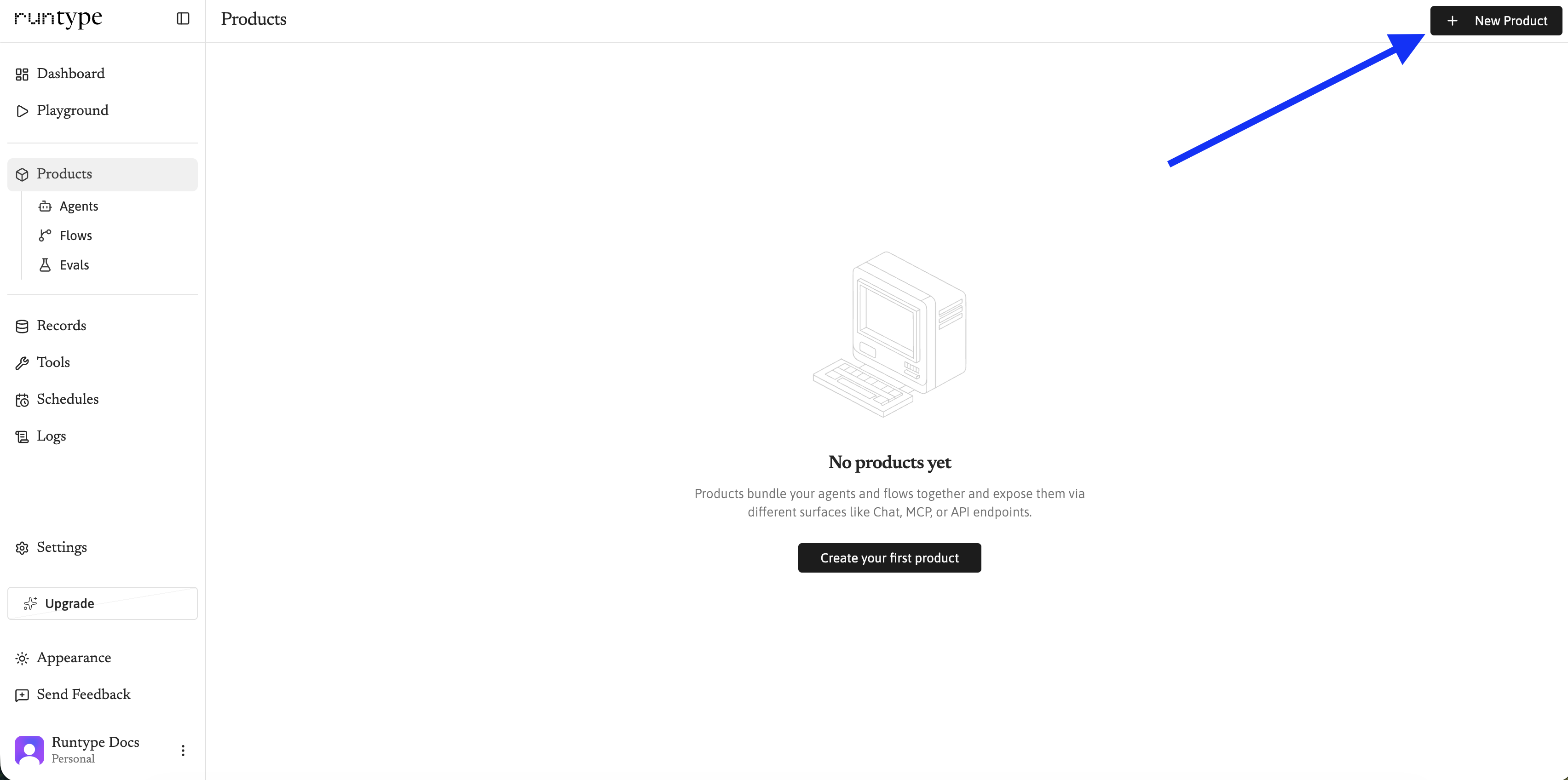 Products page with the New Product button highlighted.