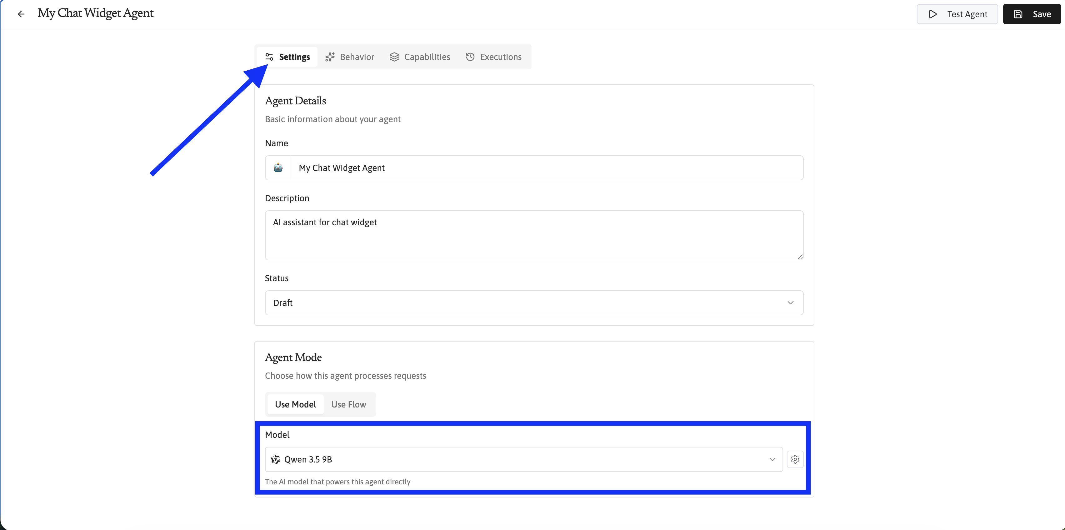 Agent settings page with the model field highlighted.