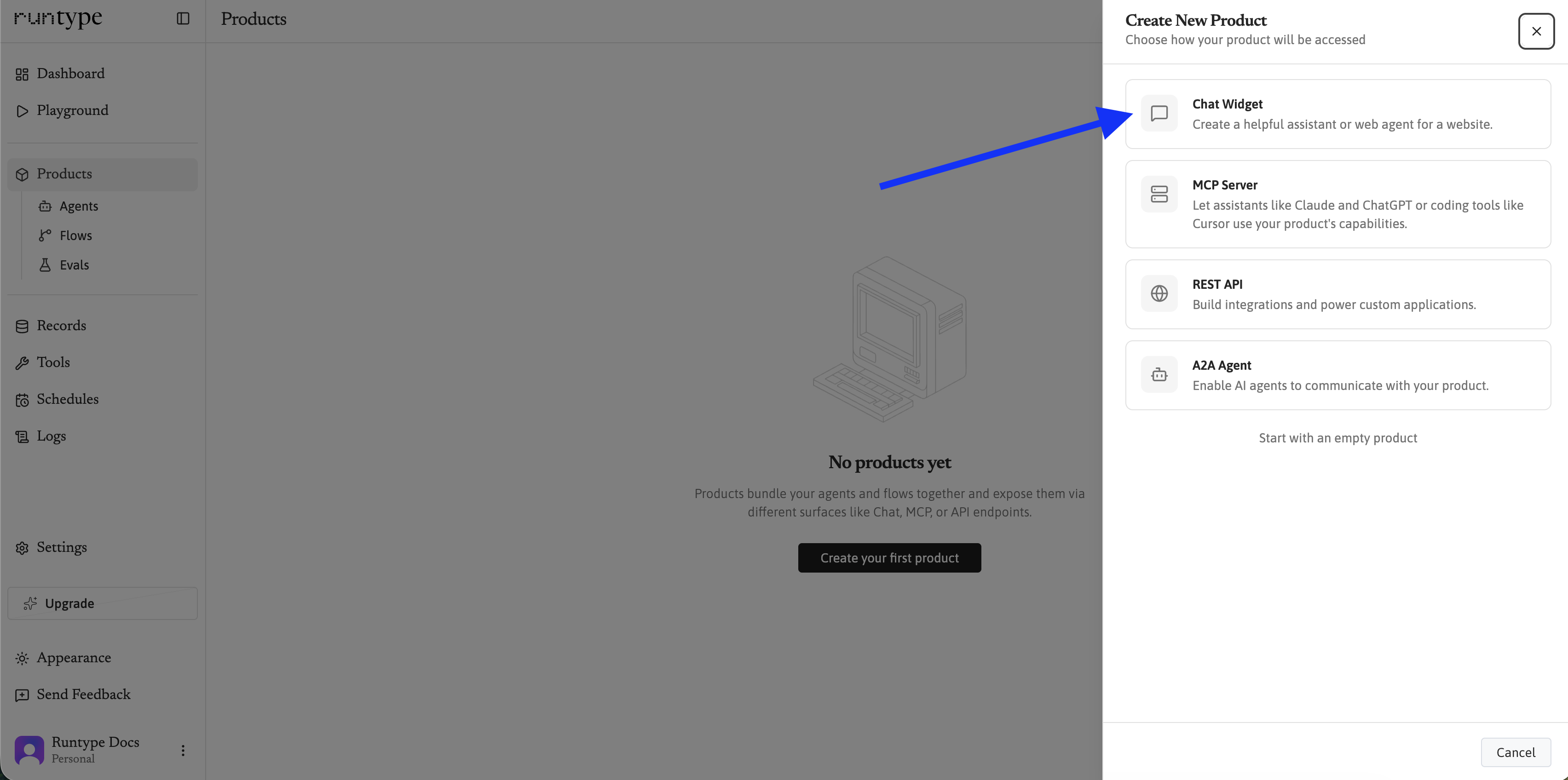 Create New Product panel with the Chat Widget option highlighted.
