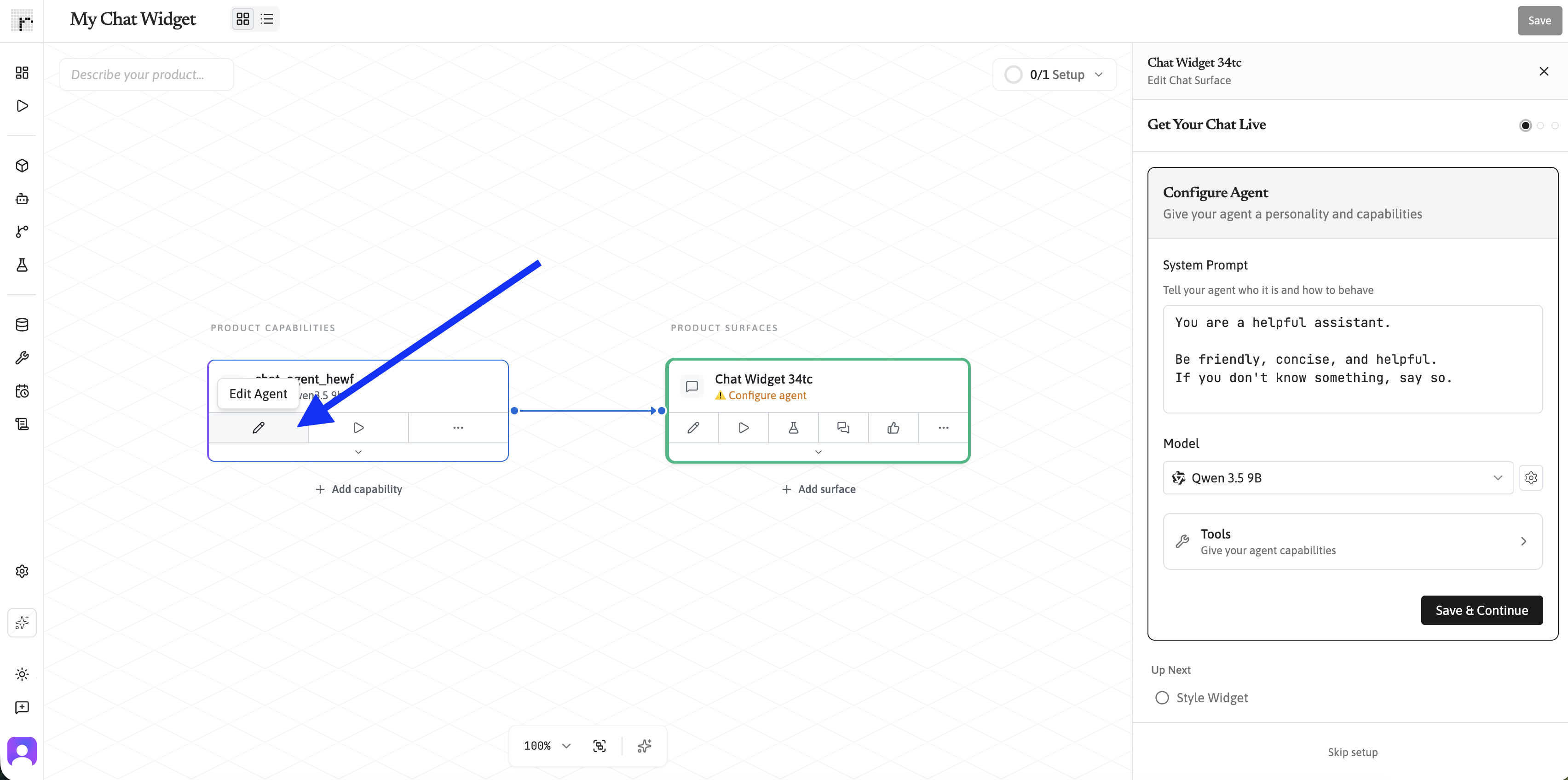 Product editor with the Agent capability selected for editing.