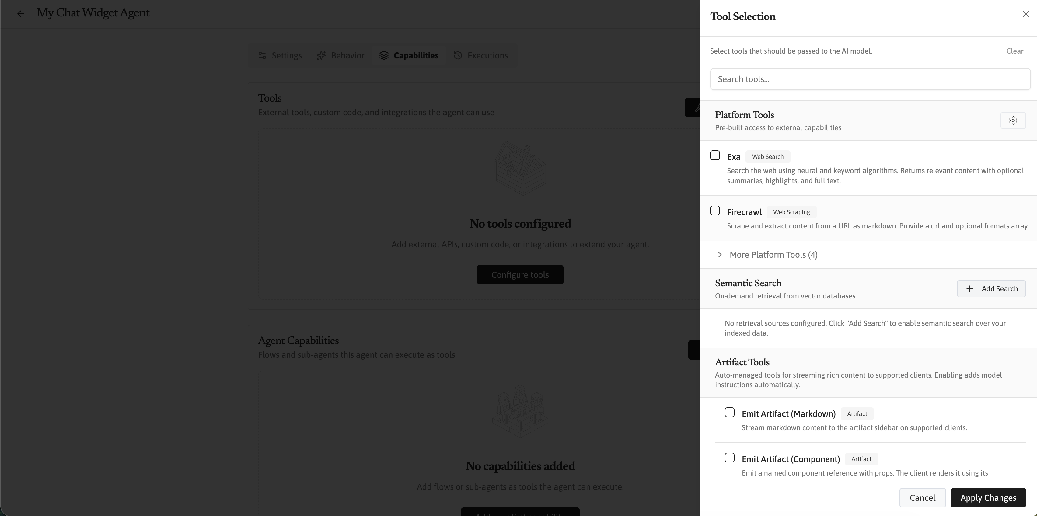 Tool Selection panel showing Exa and Firecrawl.