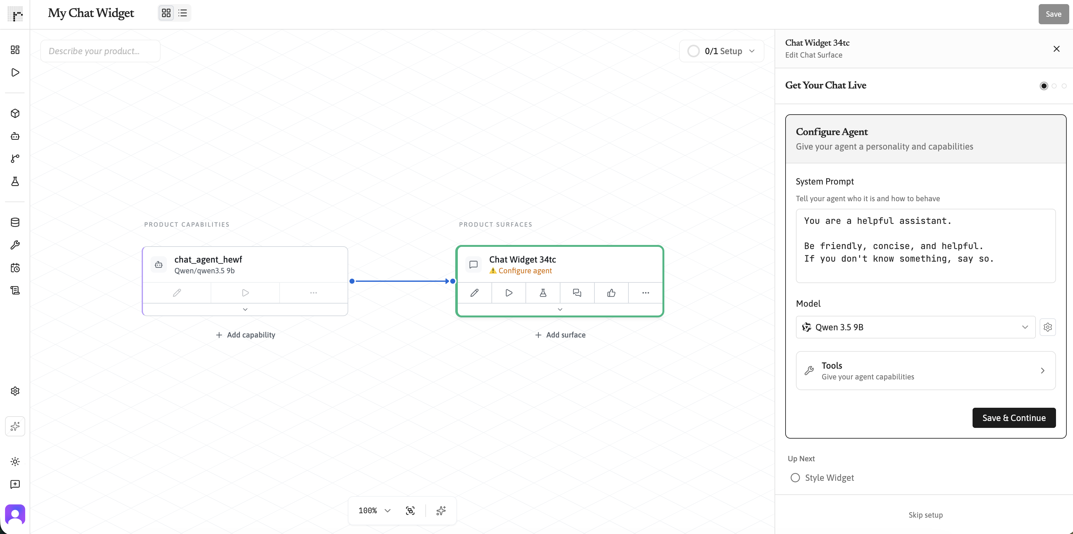 Product editor showing a Chat Widget Surface and the Configure Agent panel.
