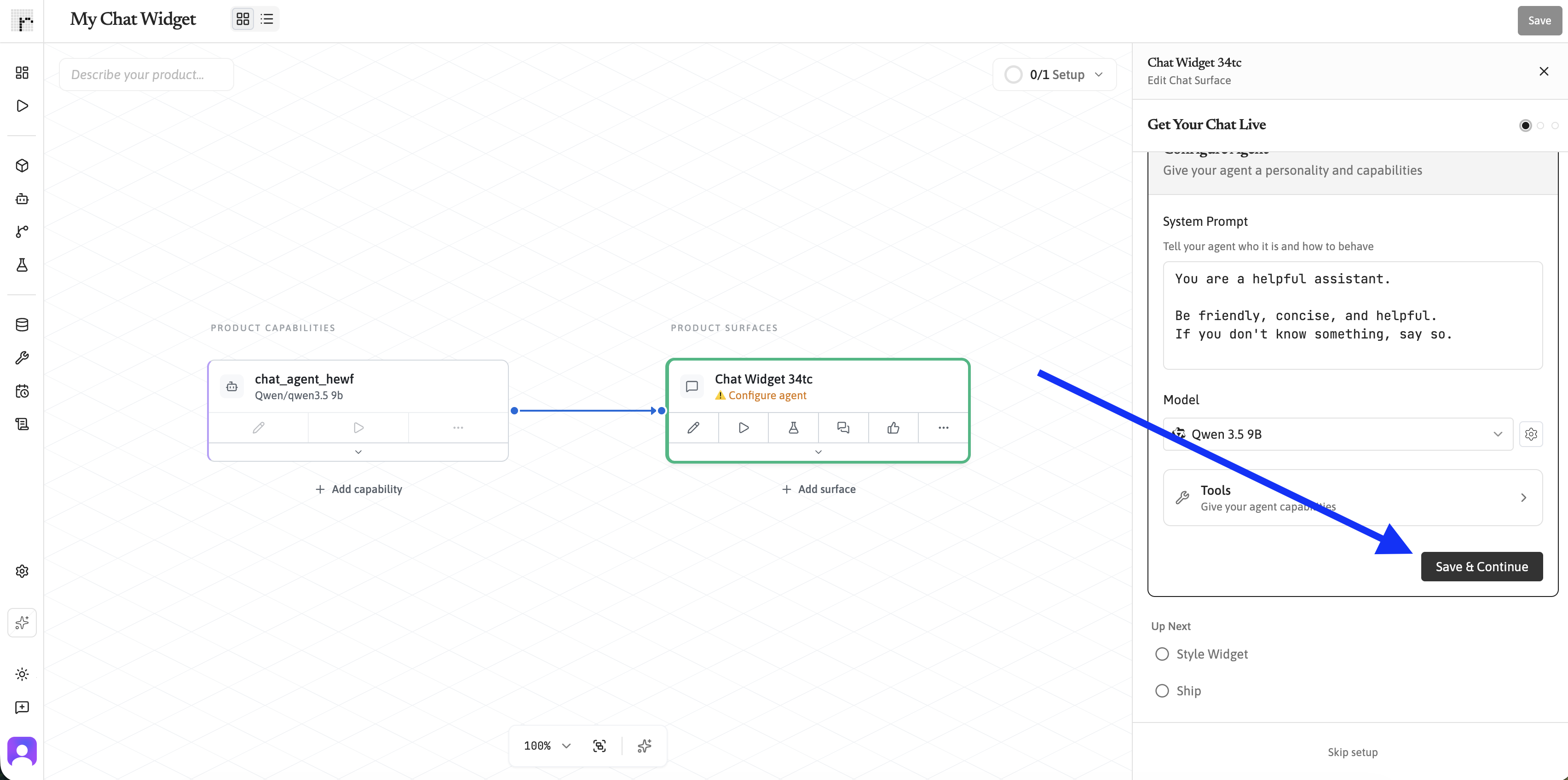 Product editor with the Save & Continue button in the Surface panel.