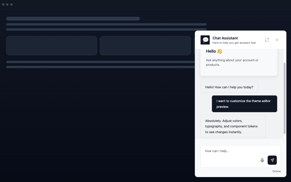 Chat widget open on a dark webpage with a welcome message and message composer.