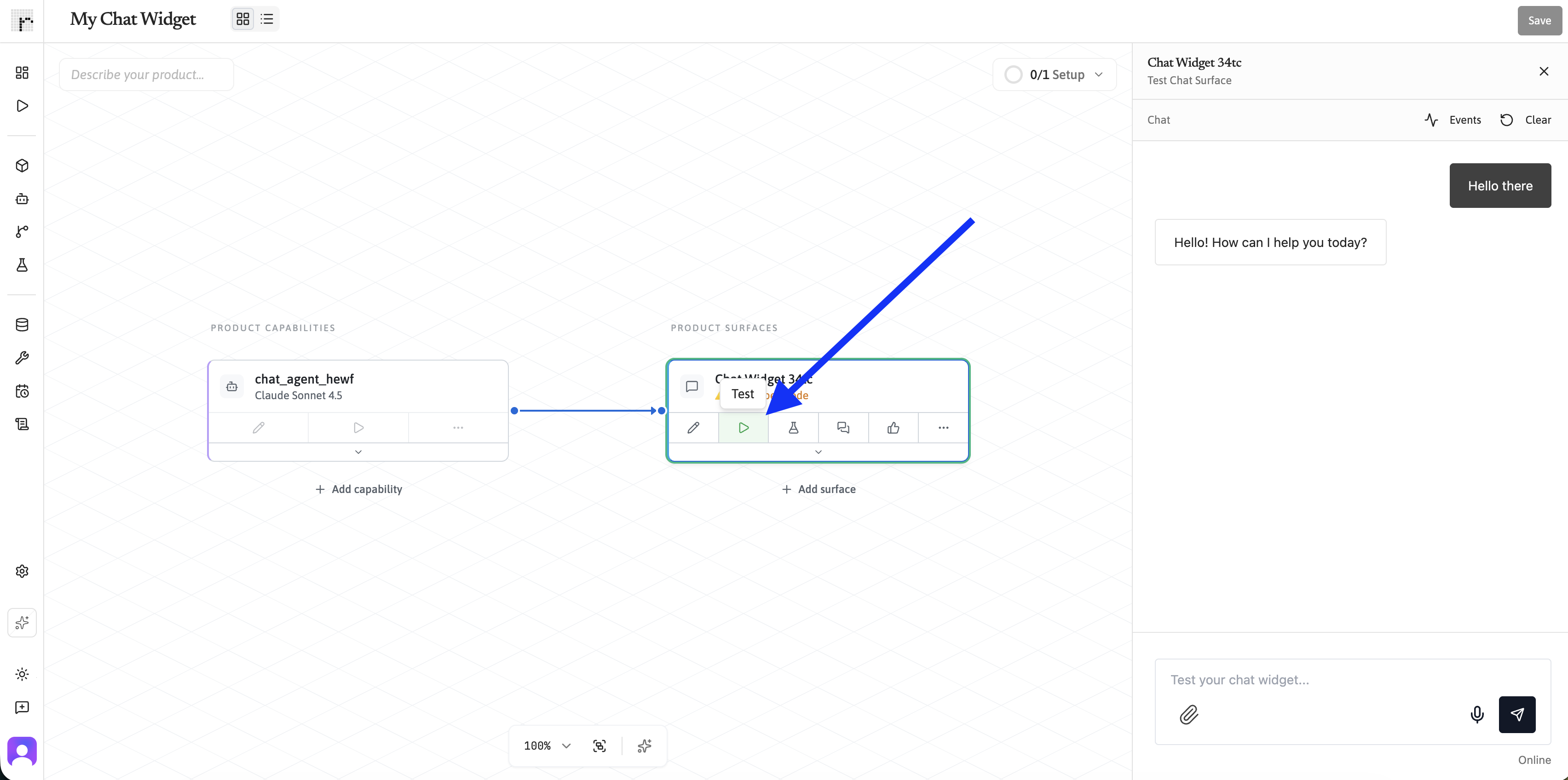 Test chat panel showing a sent message and an Agent response.