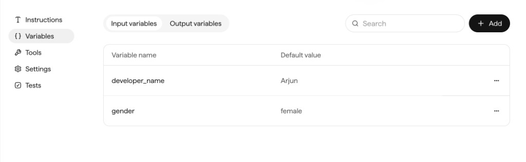 The Variables tab on Input variables, listing developer_name and gender with default values, plus Search and Add.