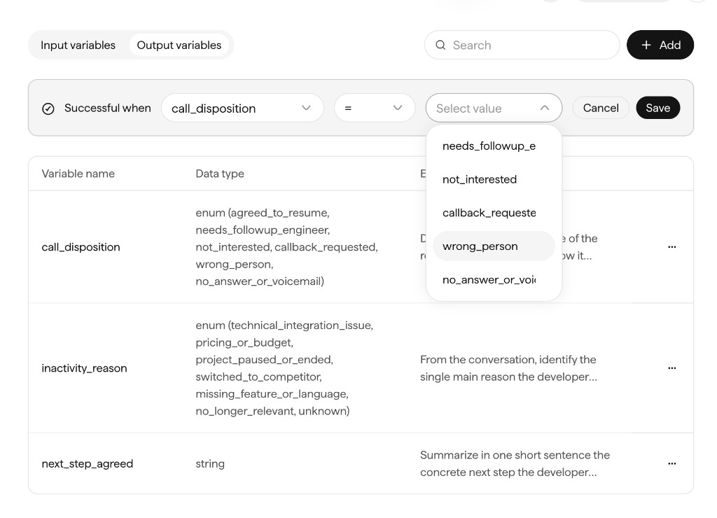 The Variables tab on Output variables, with a Successful when goal rule and a table of output variables including call_disposition and next_step_agreed.