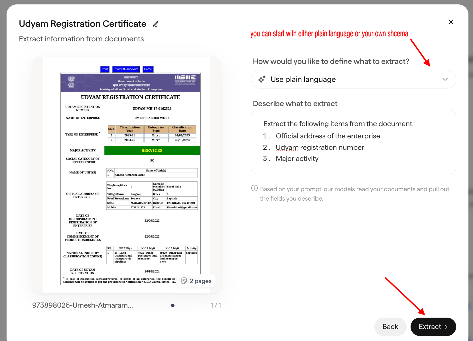 Doc Agents Extract project setup showing a document upload and an extraction prompt describing the fields to extract.