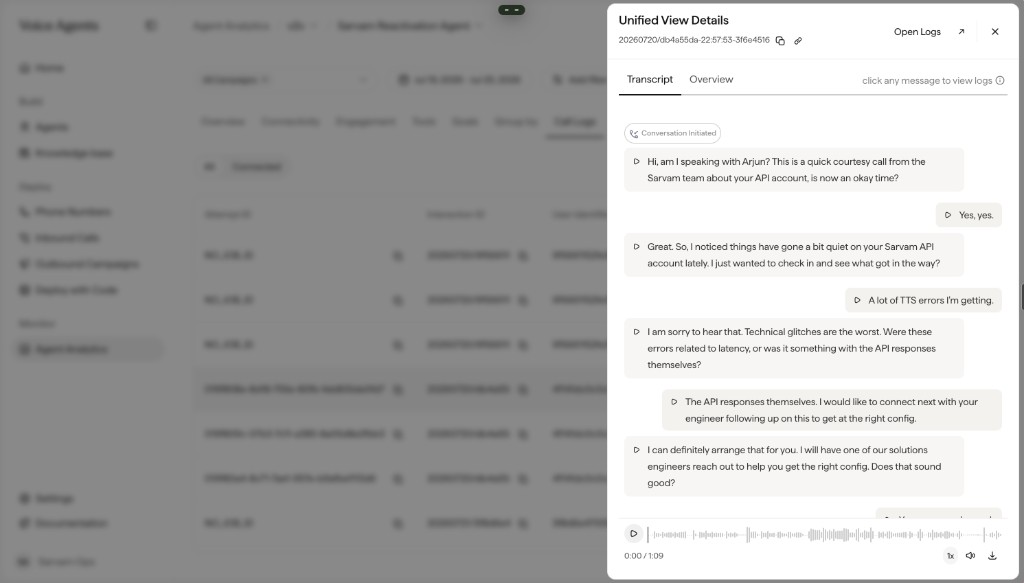 Unified View Details panel open on the Transcript tab, showing the agent and caller conversation with an audio player at the bottom.