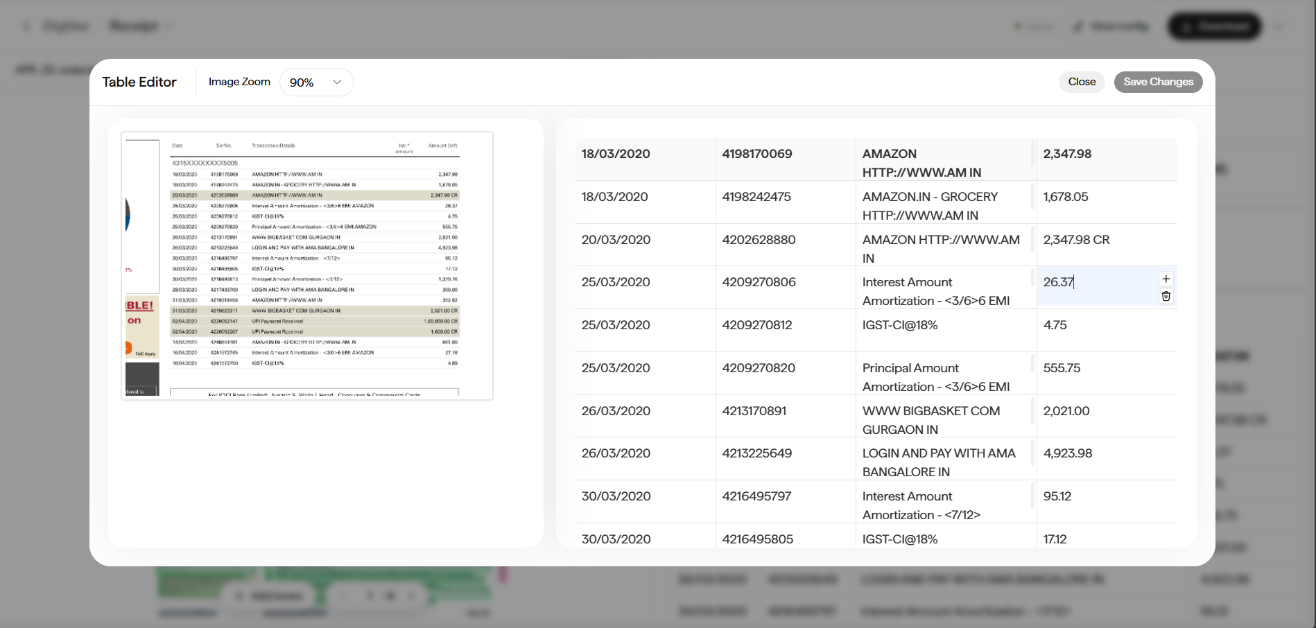 Table Editor modal with a small source-table image on the left and an editable grid of bank transaction rows on the right. Toolbar shows Image Zoom 90%, Close, and Save Changes controls.