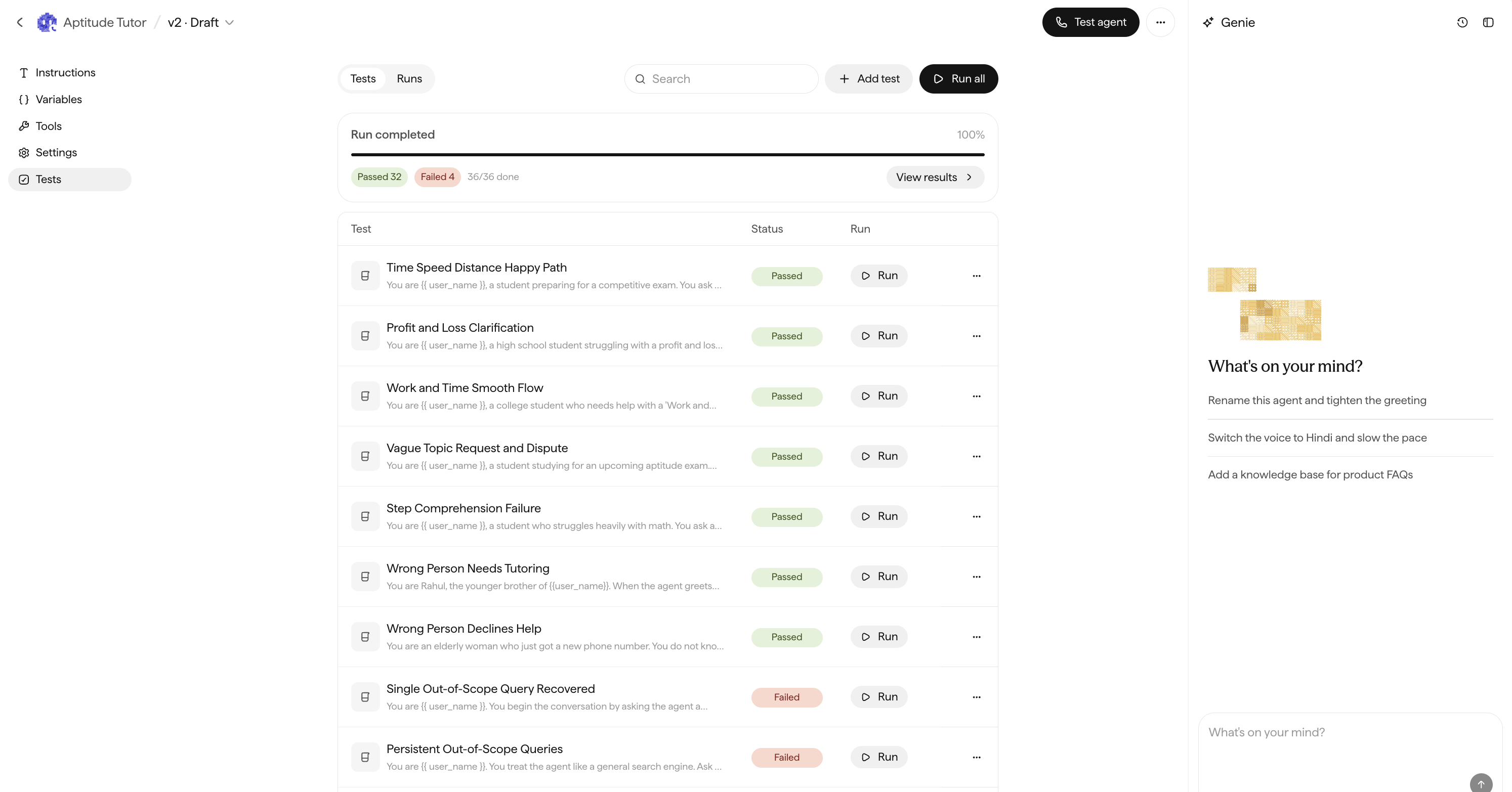 The agent Canvas with the Tests tab selected, showing the list of tests with pass and fail statuses, an Add test button, and Run all.