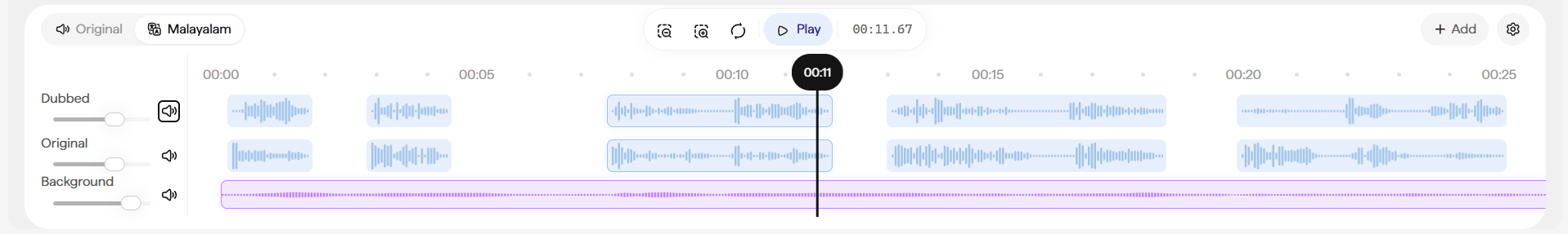 Playback bar with the Dubbed, Original, and Background volume sliders. The Dubbed track's speaker icon is outlined, showing it as the currently focused control, with its waveform shown in blue (active).