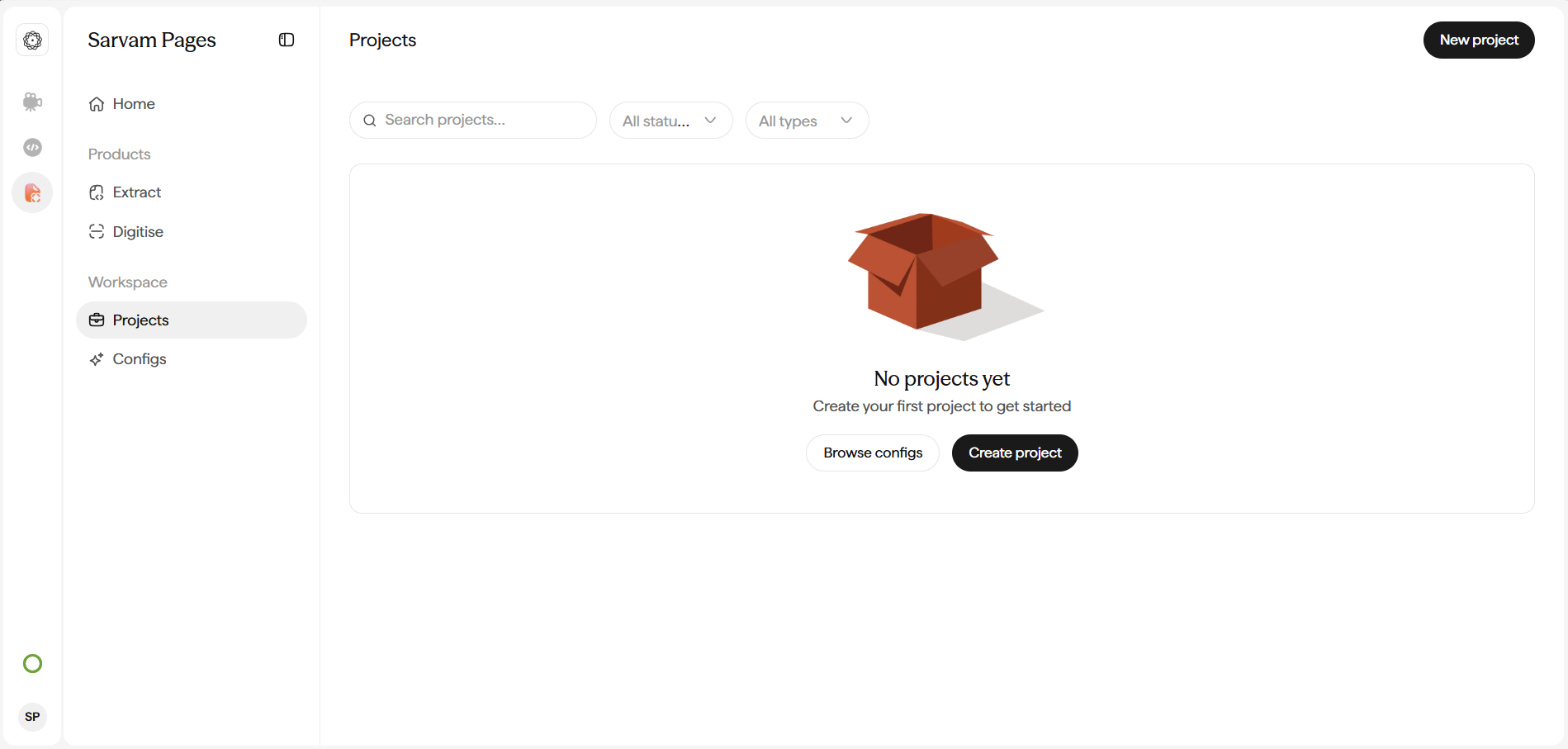 Projects page with search bar, All statuses and All types filter pills, and a New project button.