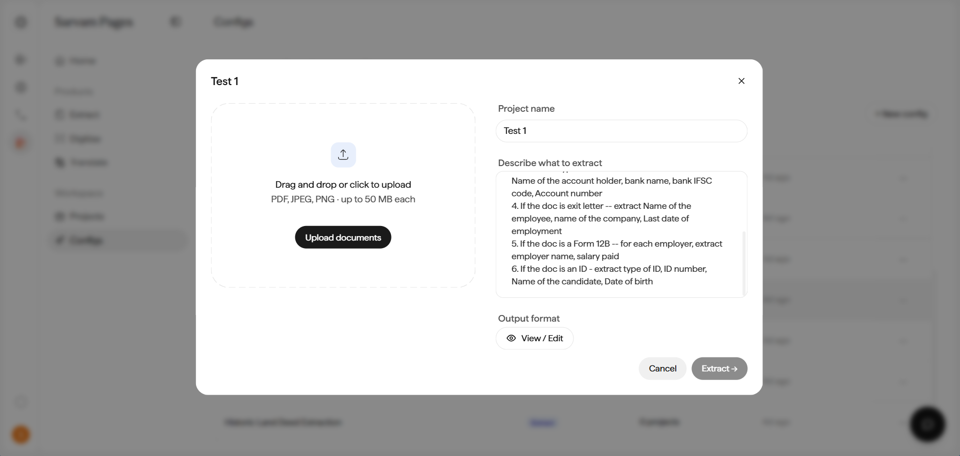 New Project dialog with an upload dropzone, a Project name field, and a Describe what to extract field prefilled from the template with detailed extraction instructions.