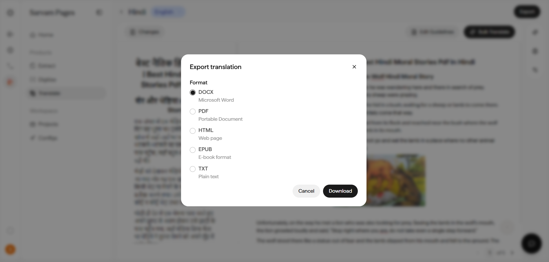 Export translation dialog with Format options DOCX, PDF, HTML, EPUB, and TXT, and a Download button.