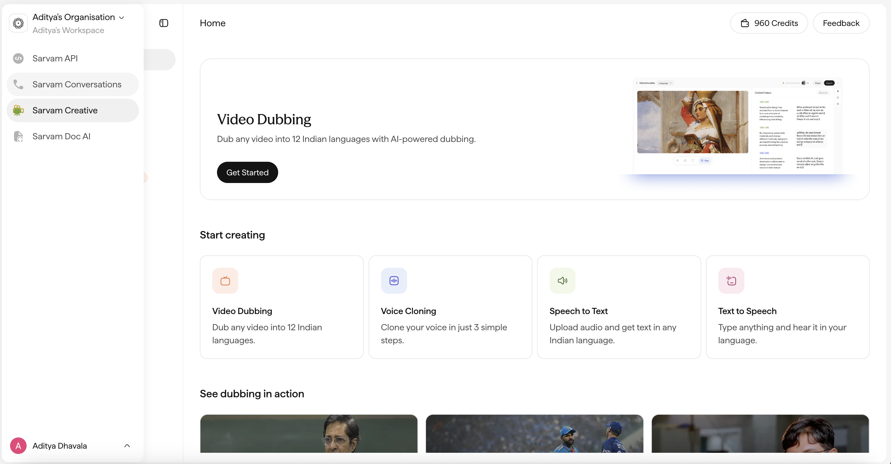 The Sarvam platform home screen. The left navigation lists Model APIs, Voice Agents, Content Agents, and Doc Agents; the main area shows product cards and a credits balance.