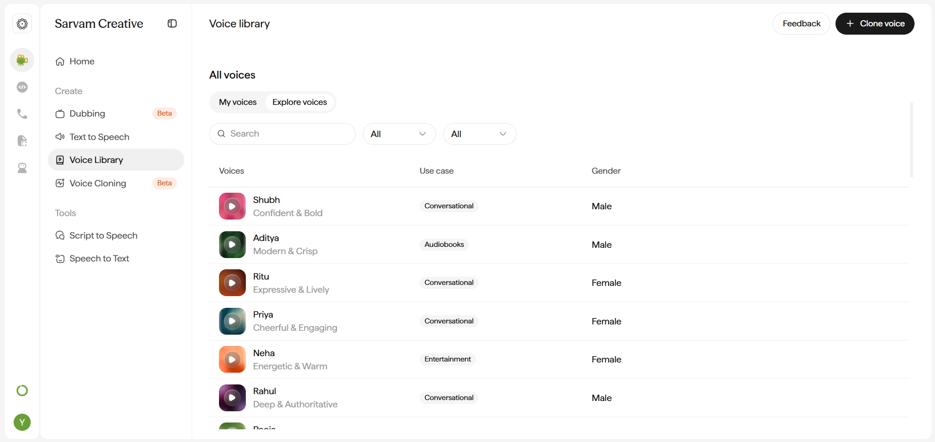 All voices section below Featured voices. Two tabs, My voices and Explore voices. Below the tabs, a search box and two filter dropdowns, both defaulted to All. The first filter lists use-case categories: Conversational, Audiobooks, Entertainment, Sales, News. The second filter lists gender: All, Male, Female. Below the filters, a table with columns Voices, Use case, and Gender. Each row shows a colored square play-button avatar, the voice's name, a short personality tag, a use-case chip, and a gender label. Hovering a row reveals a heart favorite icon and a Use voice button.