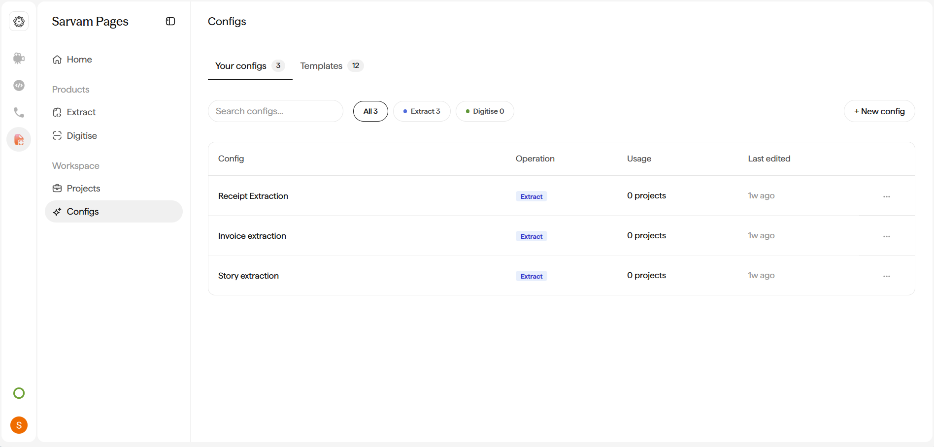 Configs page with Your configs and Templates tabs, All / Extract / Digitise filter pills, and a Usage column.
