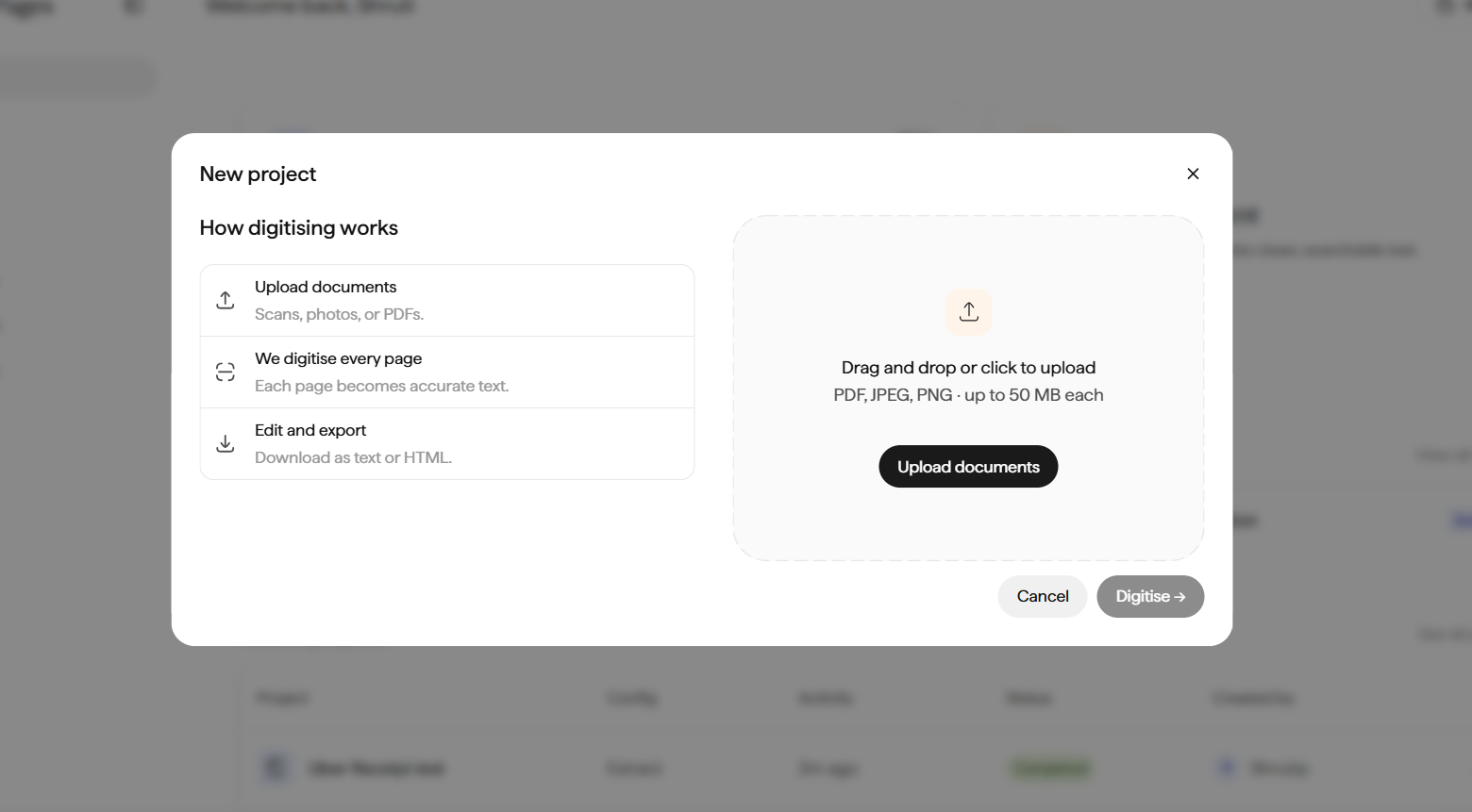 New Project dialog on Doc Agents showing the three-step Digitise flow
