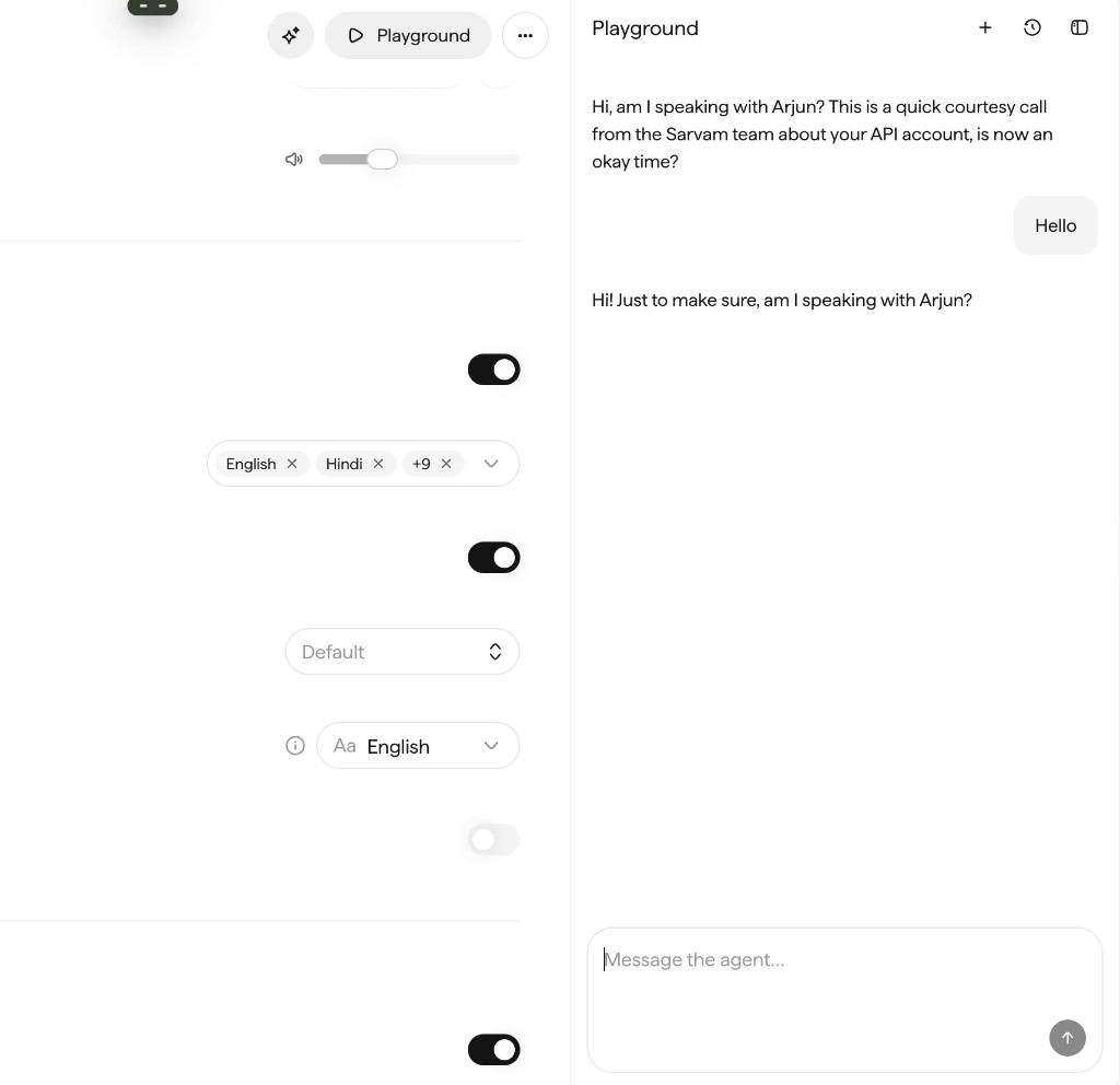 The test agent panel with a conversation transcript showing the agent's initial greeting and a follow-up, next to language and settings controls.