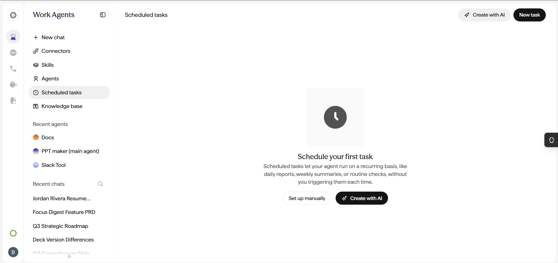 Work Agents Scheduled tasks empty state reading 'Schedule your first task', with 'Set up manually', 'Create with AI', and 'New task' options.