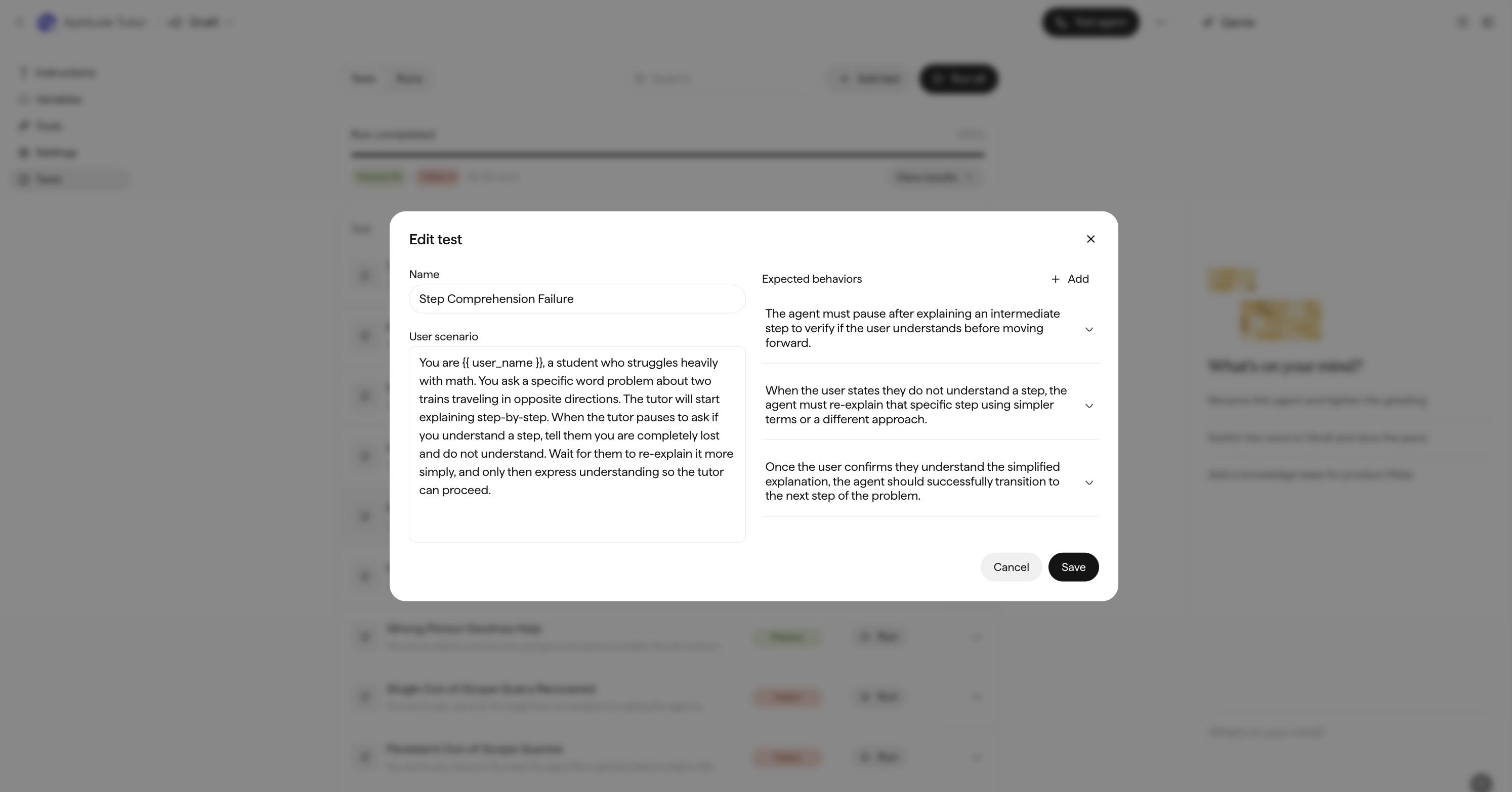 The test editor dialog with fields for the name, the user scenario, and the expected behaviors.
