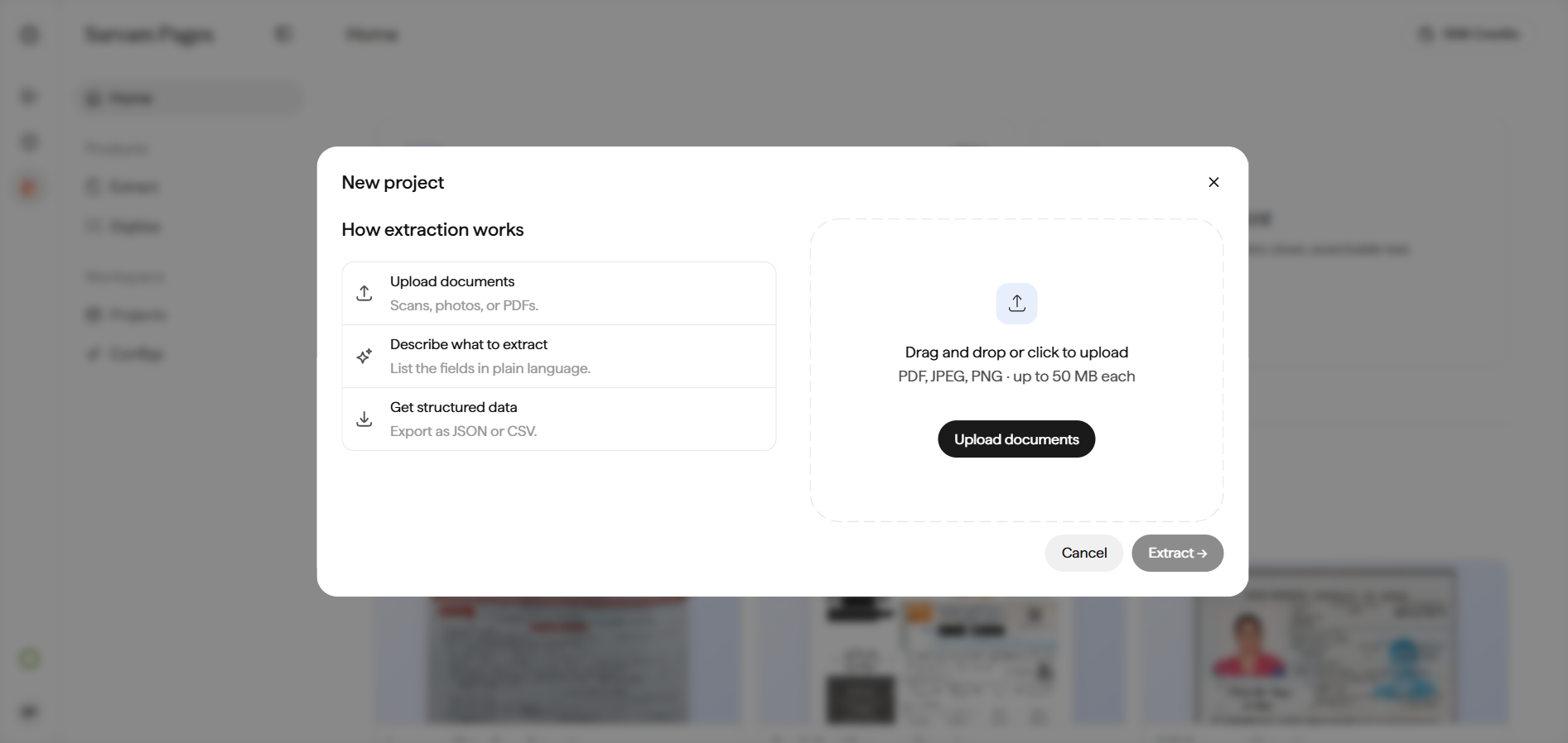 Extract New Project dialog showing the three-step flow (Upload documents, Describe what to extract, Get structured data) and a dropzone that accepts PDF, JPEG, and PNG files up to 50 MB.