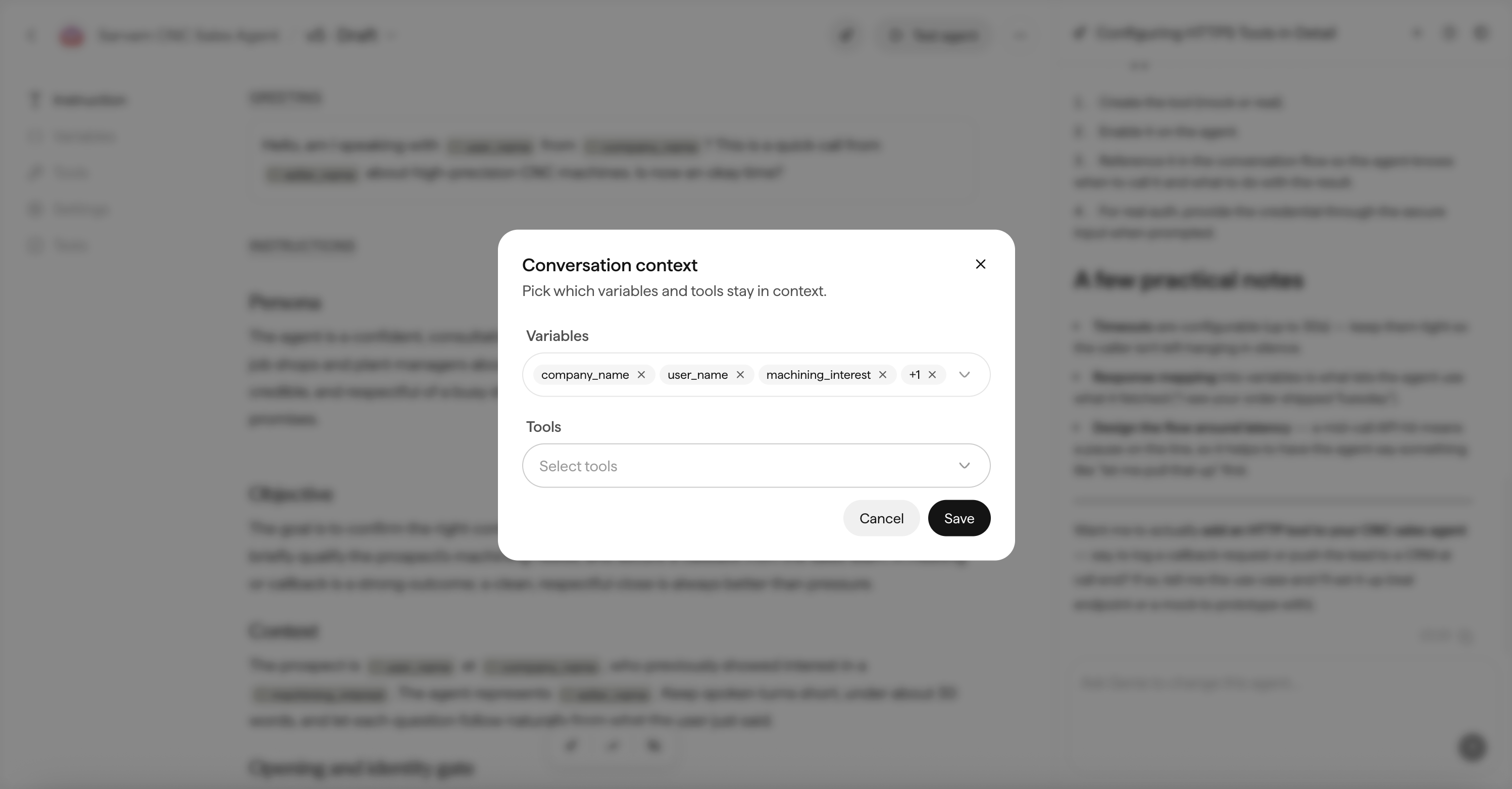 The Conversation context dialog with variable chips and a tools selector.