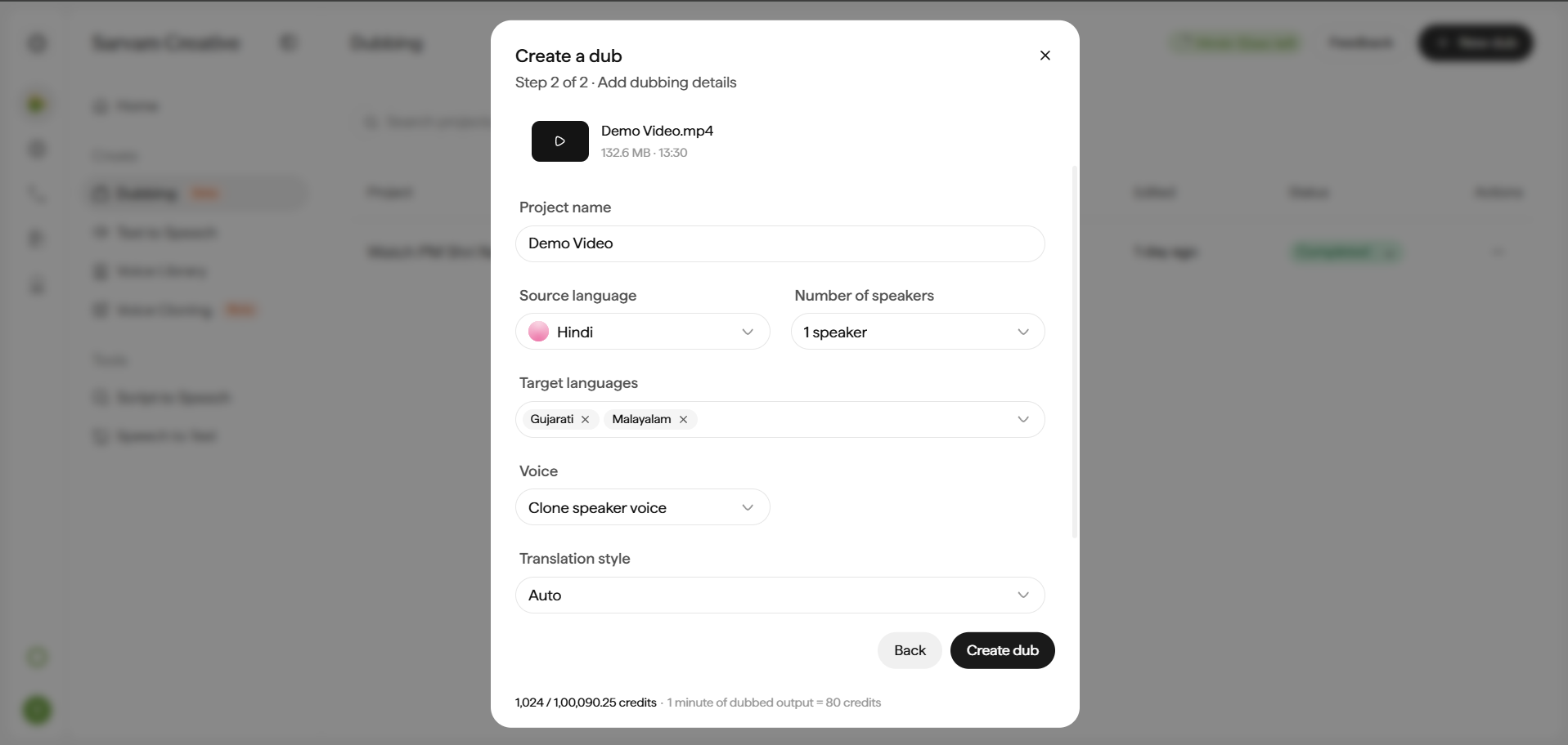Create a dub modal, Step 2 of 2, titled Add dubbing details, with an attached file Demo Video.mp4 at 132.6 MB and 13:30 duration. An editable Project name text field is pre-filled from the source filename. Below that, a two-column row holds Source language (a dropdown with a colored icon, set to Hindi) and Number of speakers (a dropdown, set to 1 speaker). Below that, Target languages is shown as removable tag chips (e.g. Gujarati, Malayalam, each with an x to remove) with a dropdown to add more. A Voice dropdown is set to Clone speaker voice. A Translation style dropdown is set to Auto. At the bottom, a credit summary reads 1,024 divided by 1,00,090.25 credits, with the note 1 minute of dubbed output equals 80 credits. The modal footer has Back and Create dub buttons.