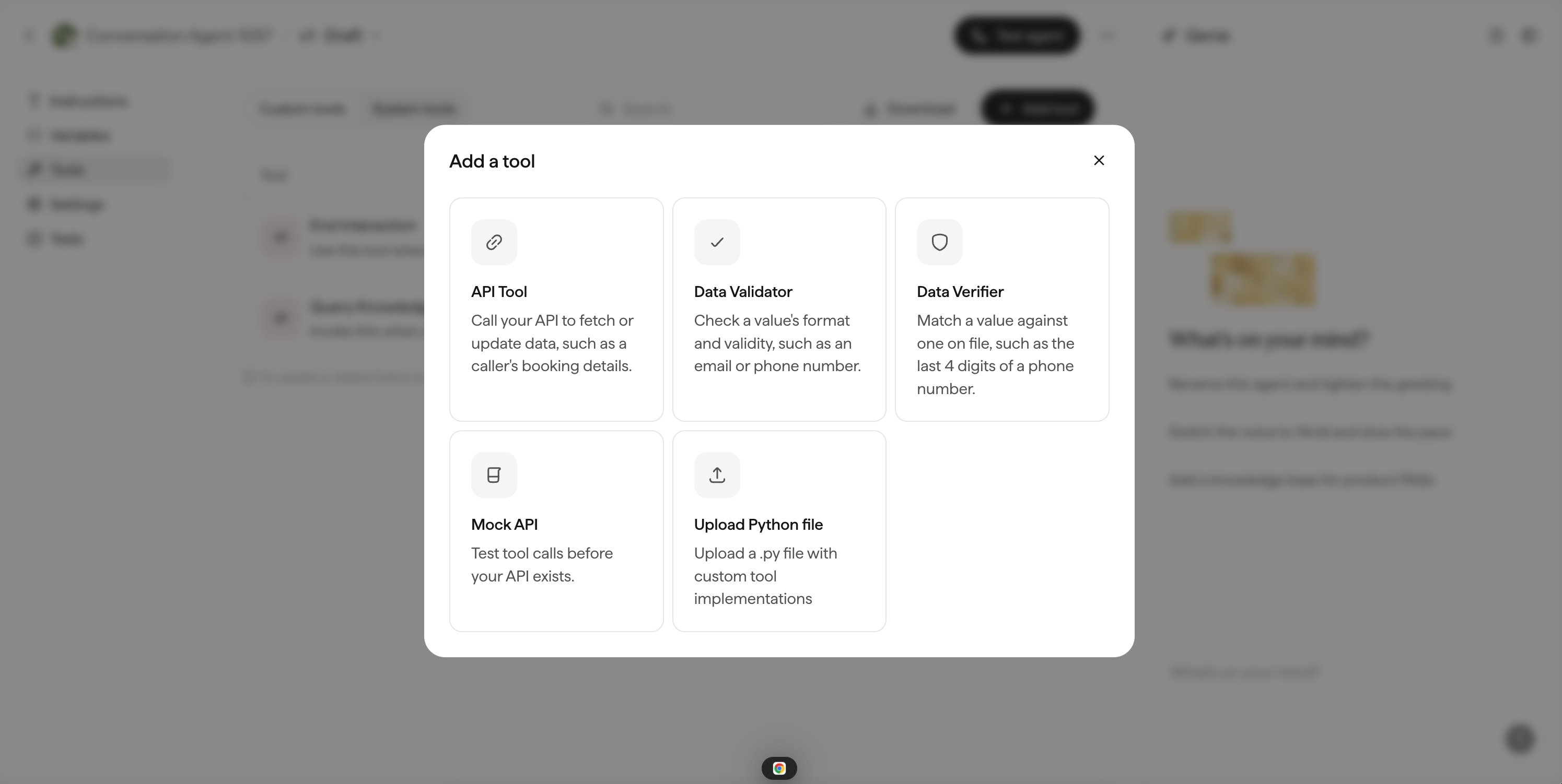 The Add a tool dialog with API Tool, Data Validator, Data Verifier, Mock API, and Upload Python file options.