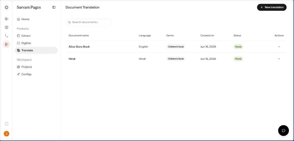 Document Translation list showing documents with Document name, Language, Genre, Created on, Status, and Actions columns, plus a New translation button.