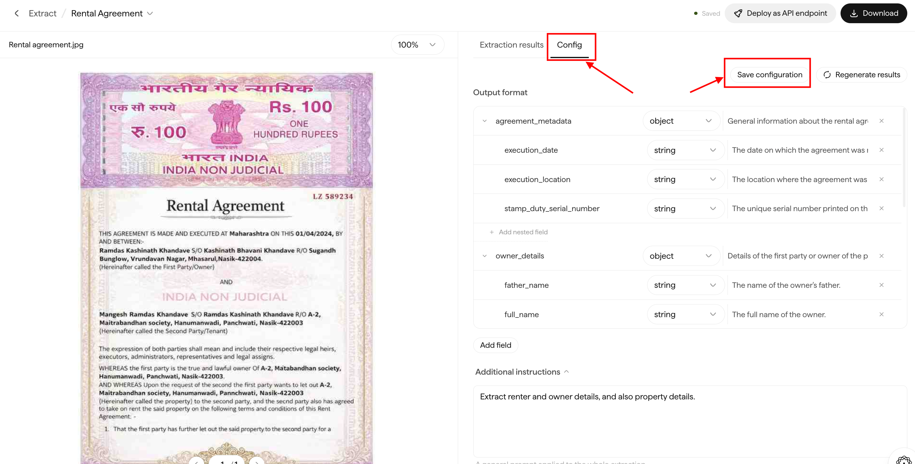 Doc Agents project view with the Config tab open, showing the schema editor where fields can be added, removed, and their types and descriptions adjusted.