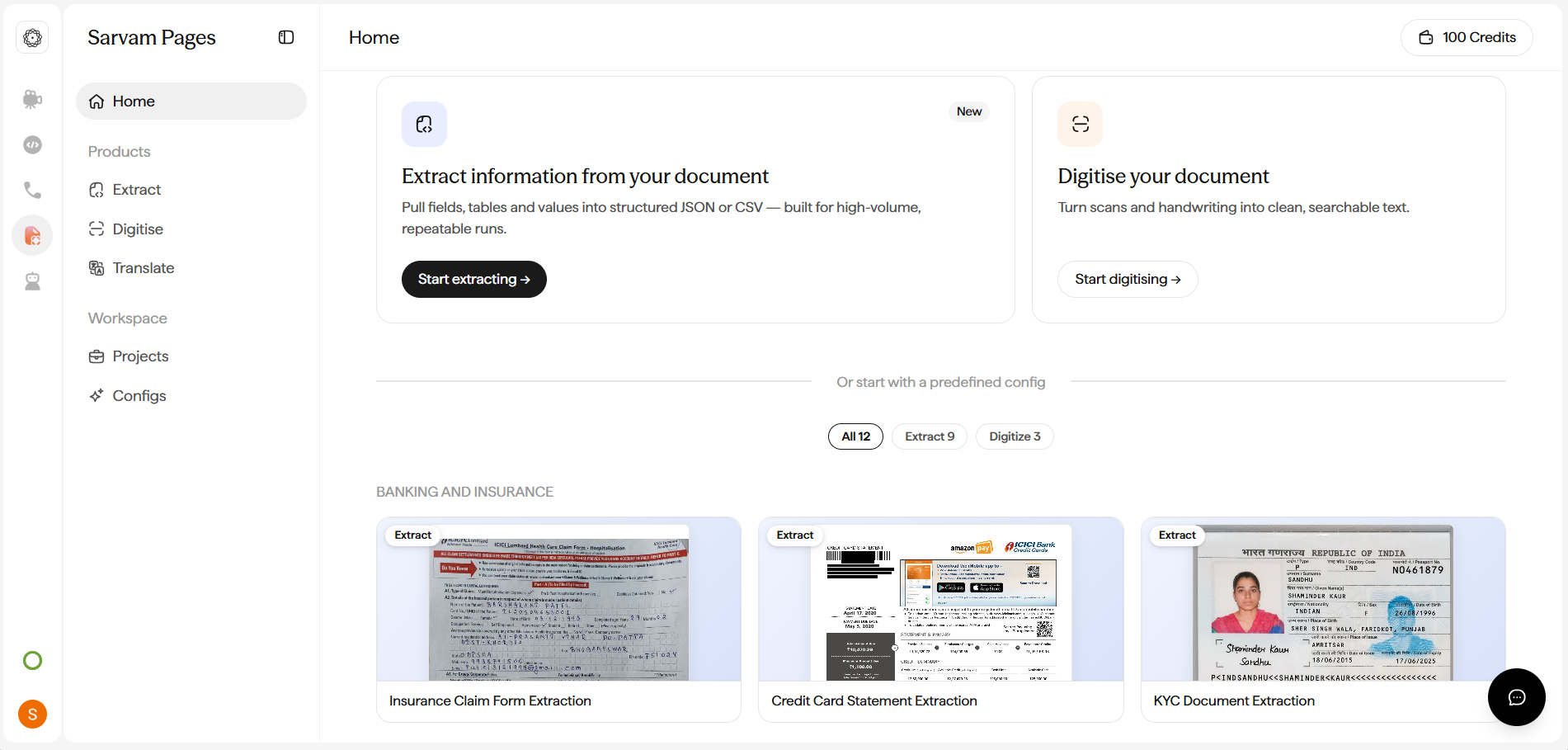 Doc Agents Home dashboard with quick-start cards for Extract and Digitise, a credit balance, and a template shelf.