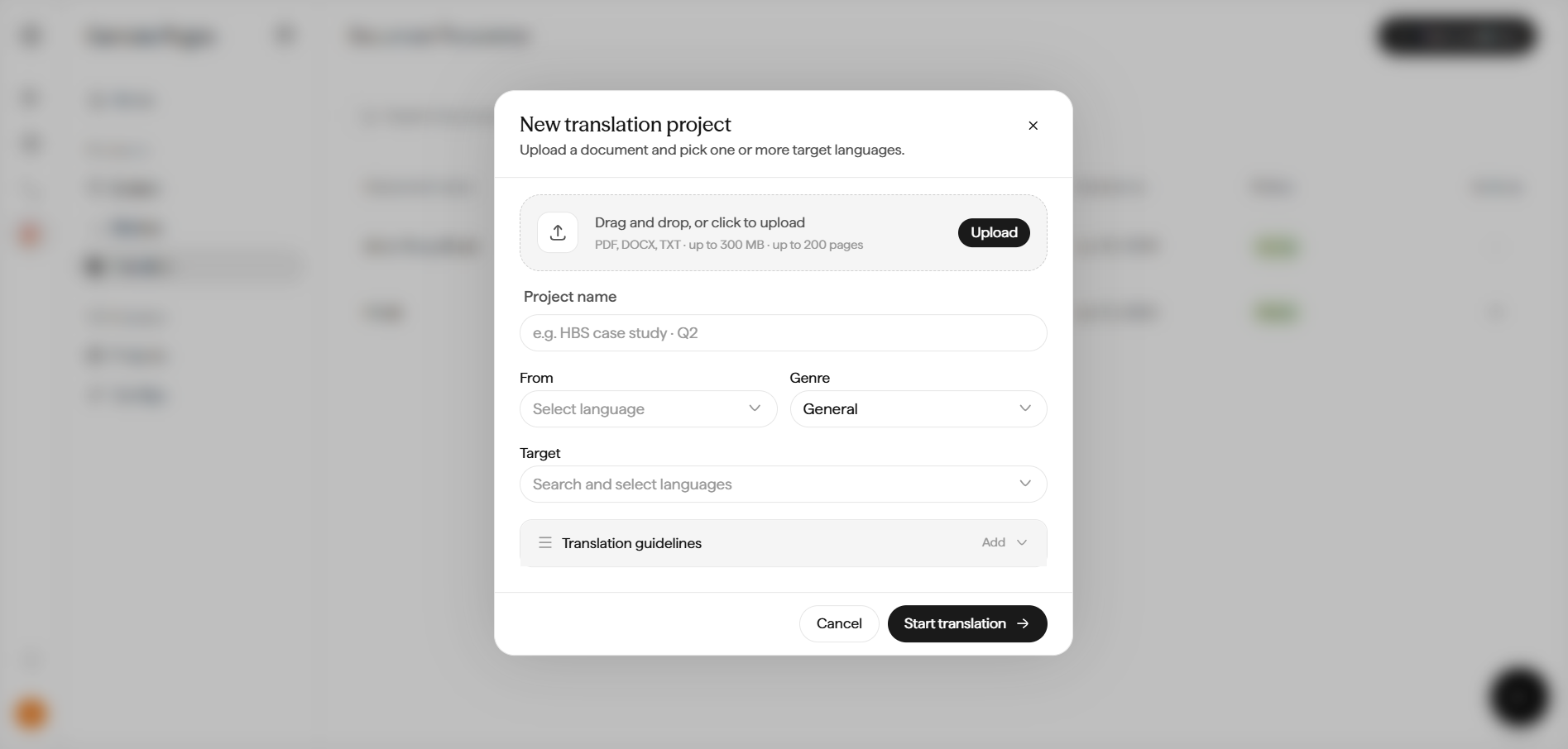 New translation project dialog with an upload zone (PDF, Word, spreadsheet, and presentation formats up to 300 MB, up to 500 pages), Project name, From, Genre, Target language search, and Translation guidelines fields.