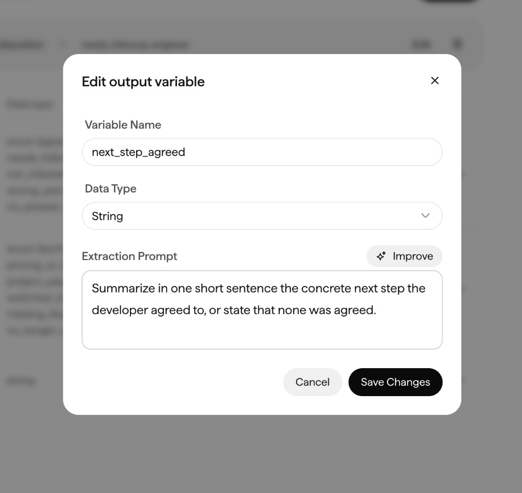 Edit output variable modal for next_step_agreed, with Data Type set to String, an Improve button on the Extraction Prompt, and Save Changes.