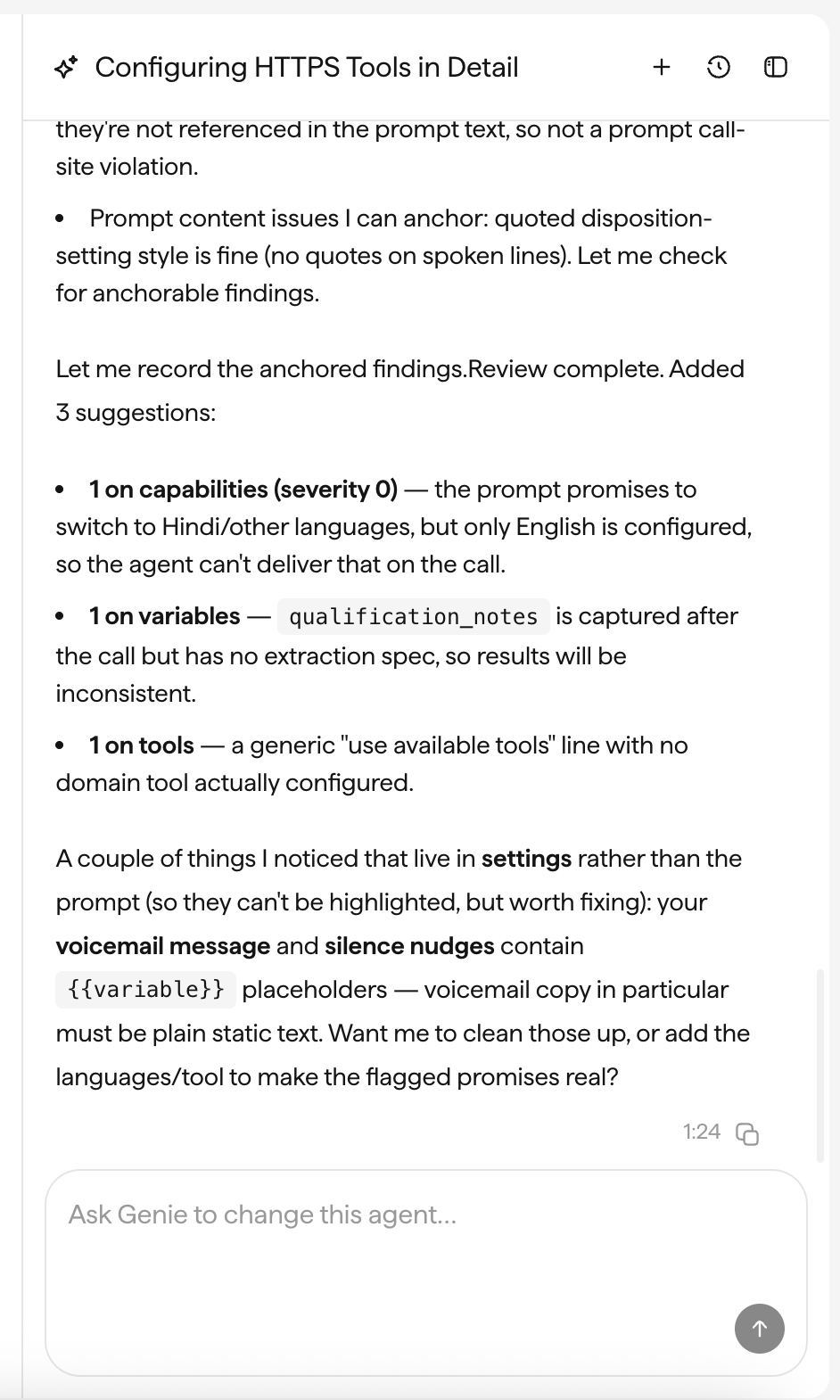 The Genie chat panel open beside the Canvas, reviewing the agent and listing suggestions.